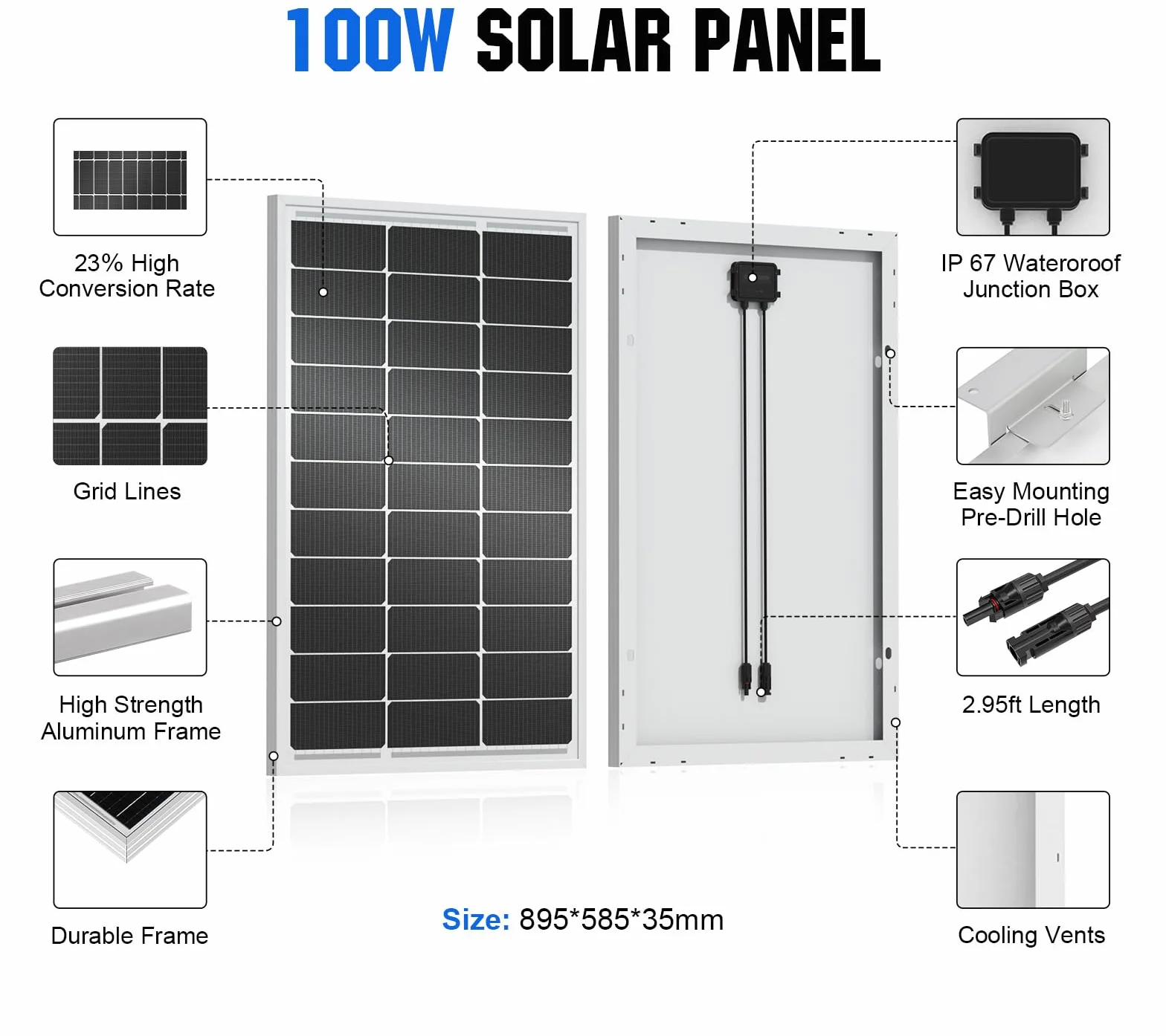 ECO-WORTHY Kit pannello solare 100 W 12 V per camper barca 12 V batteria: pannello solare monocristallino da 100 W + regolatore di carica solare da 30 A + cavo solare + morsetti di fissaggio Z
