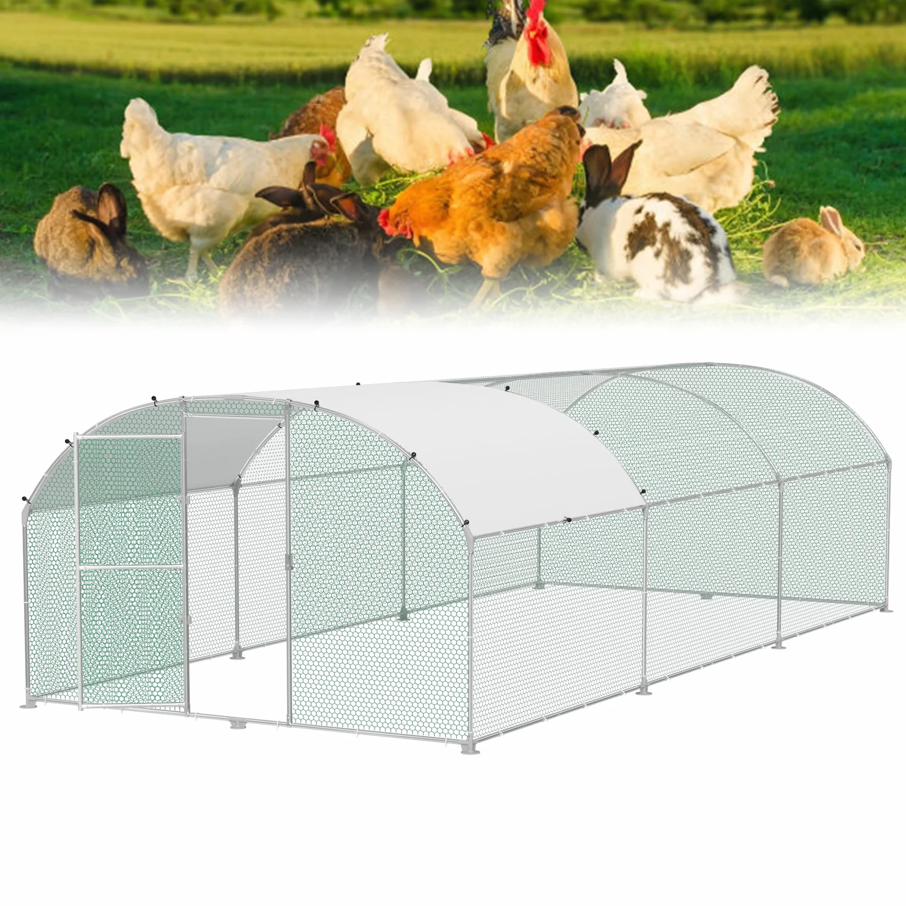Froadp Pollaio 3 x 6 m gabbia per polli in metallo zincato Recinzione libera con protezione solare tetto e porta chiudibile a chiave, gabbie per pollo, pollame, conigli