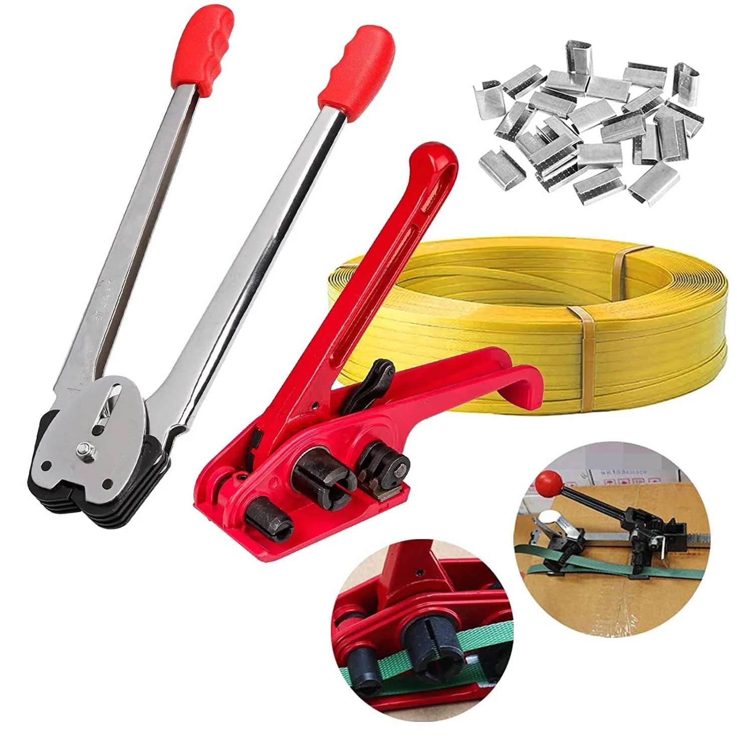 Set di reggiatura manuale con dispositivo di tenuta 100 m, 50 clip per tenditori, confezione in plastica PP, PET