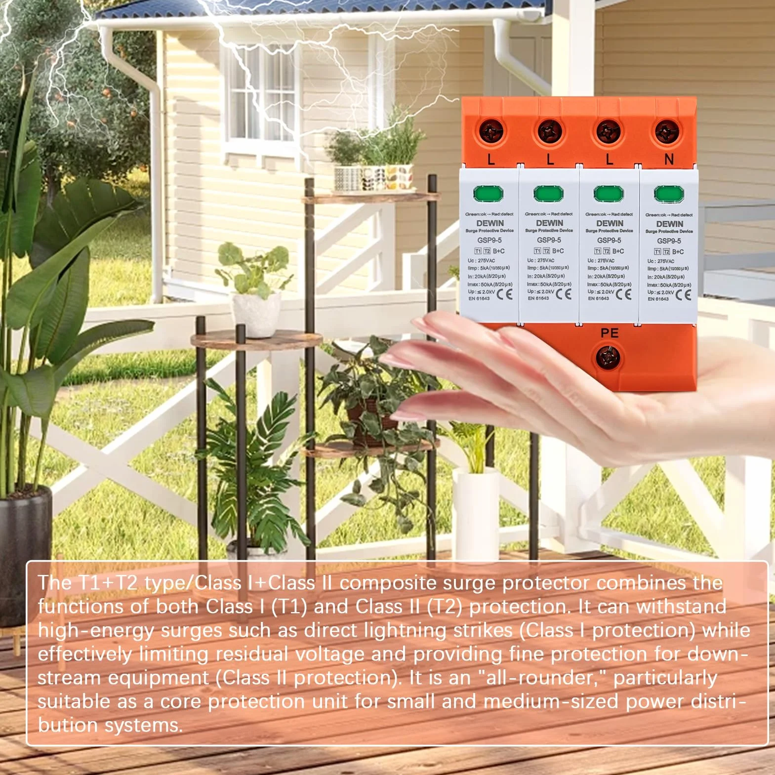 Scaricatore di Sovratensione Tipo 1+2 4P AC275V 20kA~50kA SPD Protezione Elettrica