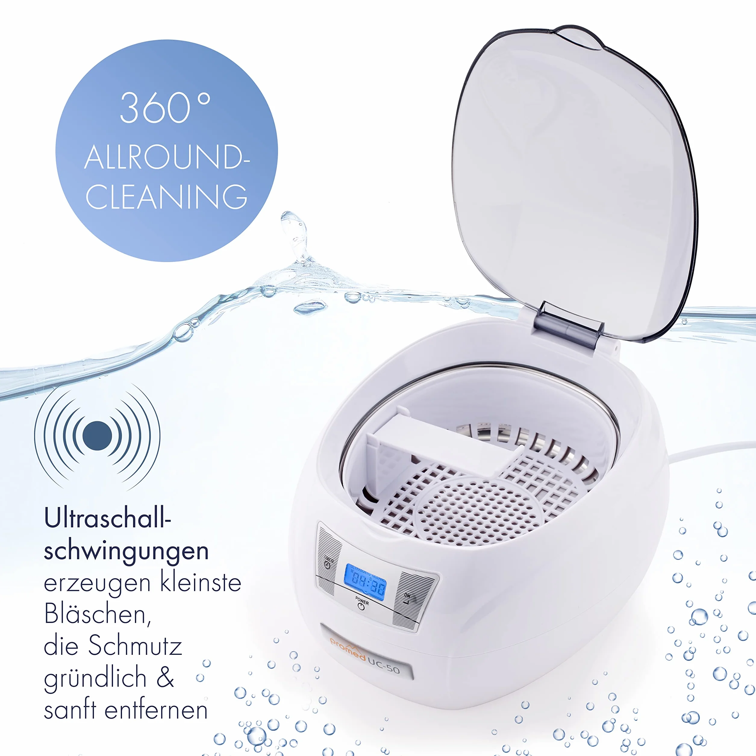 Promed UC-50 Pulitore Ultrasuoni - Dispositivo di Pulizia Gioielli, Utensili da Unghie, Occhiali, Oggetti - Alta Frequenza - Timer Automatico, LCD e Motore Silenzioso - Supporto per Orologio, Bit e CD