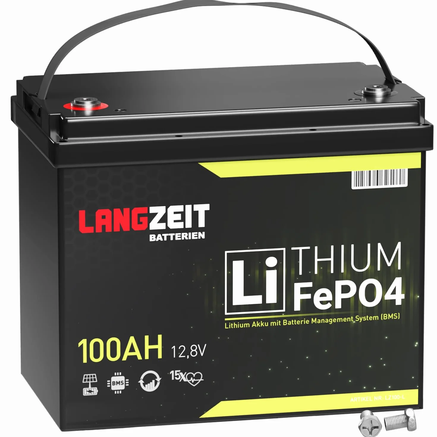 LANGZEIT Batteria LiFePO4 100Ah 12V Mini Batteria al litio con BMS – Batteria Solare per Camper, Barca, Fotovoltaico, Caravan, Off-Grid