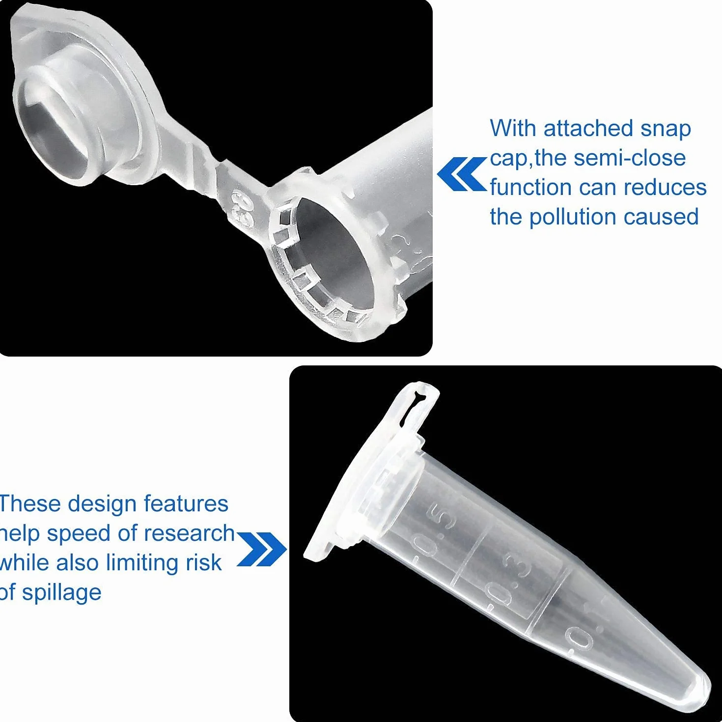 HUAZIZ 200 Pezzi 1,5 ml Plastica Centrifuga Provetta con Testa a Punta, Micro Provette da Laboratorio Conical Centrifuge Tubes Trasparente Graduata di Polipropilene con Tappo Piatto