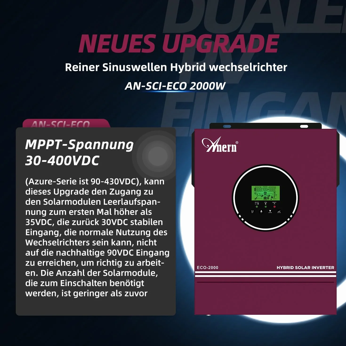 Anern Inverter Ibrido Solare 2000W 12VDC su 220V/230VAC con Regolatore Solare 80A, Inverter Sinus Puro PV 30~400 V, per Batterie al Litio 12V