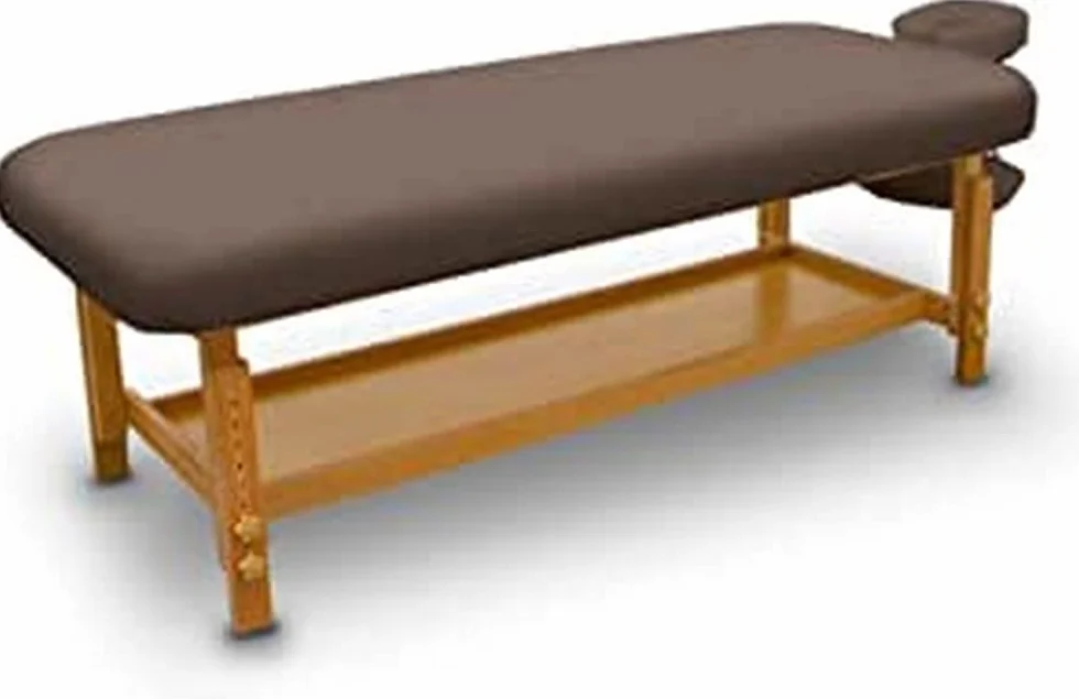 QUIRUMED Lettino da massaggio fisso in legno, per SPA, colore marrone, lettino da massaggio, similpelle, altezza regolabile, testata rimovibile, vassoio per braccioli, imbottitura ad alta densità