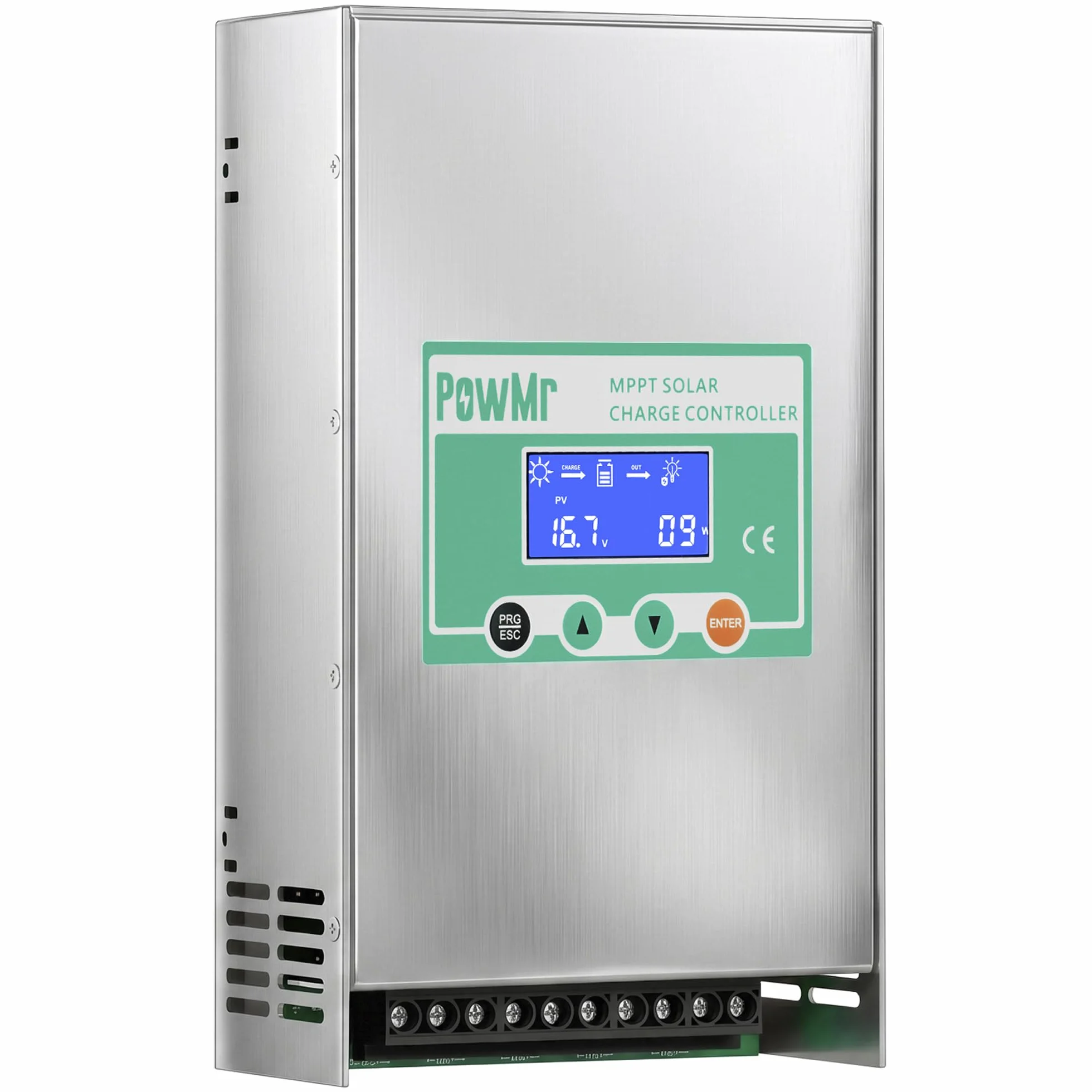 PowMr Regolatore di carica solare MPPT da 100 A, 12 V, 24 V, 36 V, 48 V, automatico, regolatore per pannello solare a terra negativa da 100 Amp, alloggiamento in alluminio per batteria al piombo