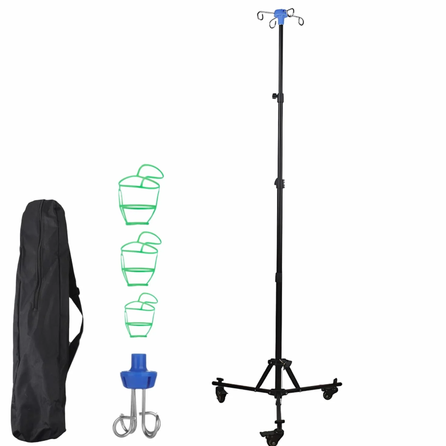 Supporto per infusione con ruote, supporto per infusione pieghevole con 4 ganci, 3 ruote, supporto per infusione in acciaio inox, altezza regolabile da 90 a 190 cm