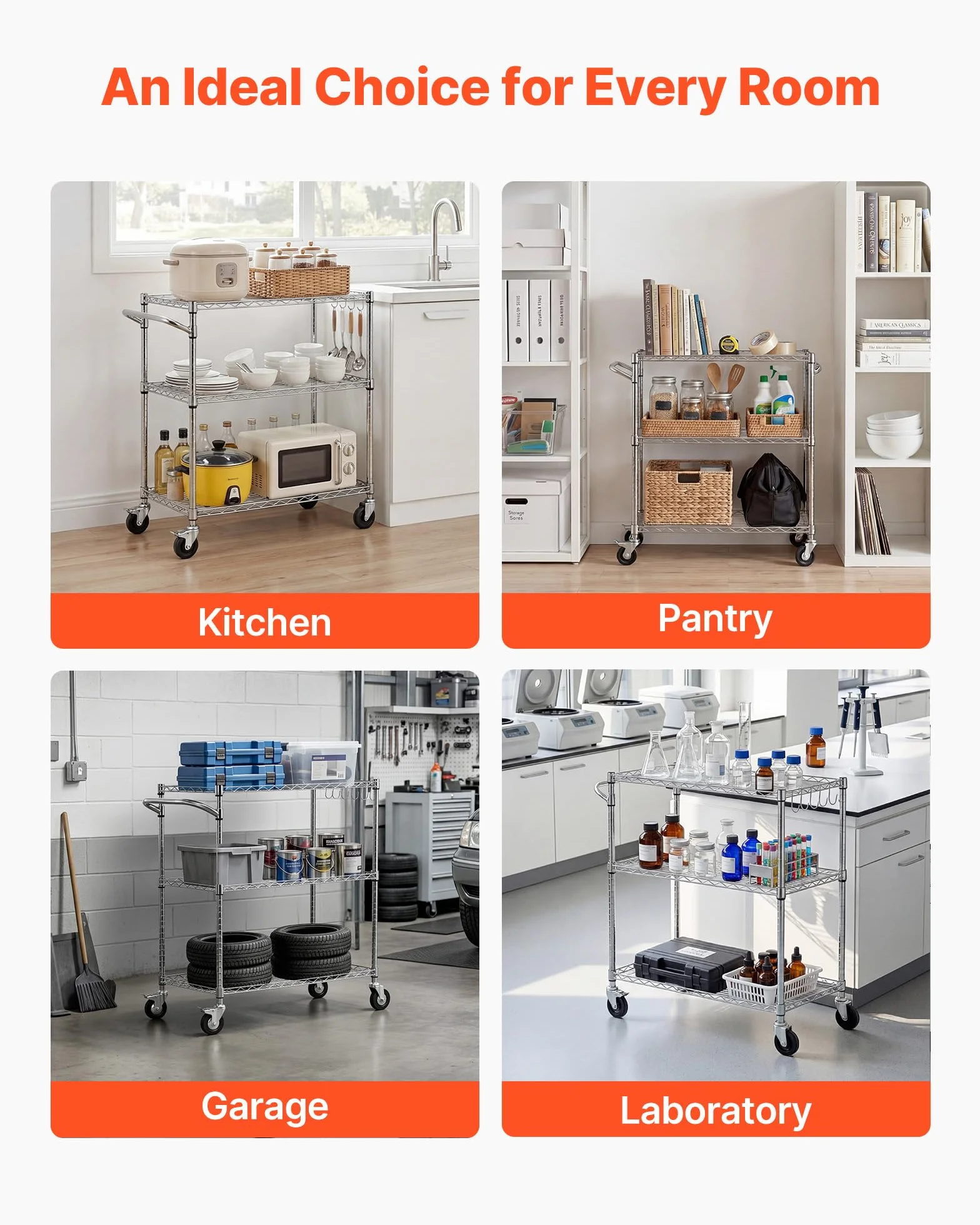 VEVOR Carrello da Servizio da Cucina 3 Ripiani, Carrellino di Servizio Carico max 300 kg con Ruote Ripiani in Filo Metallico Altezza Regolabile in Metallo, Carrello Portaoggetti da Garage Cucina
