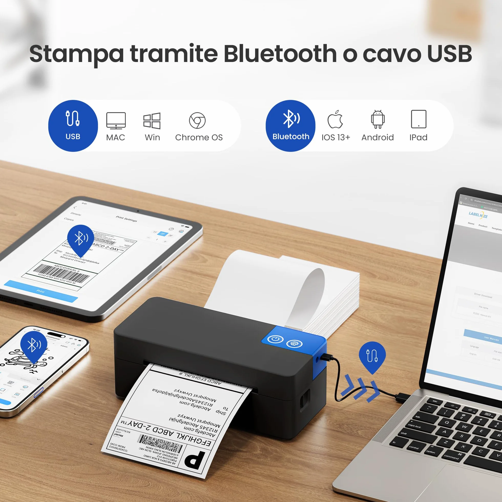 Stampante termica Bluetooth 4x6 per spedizioni, compatibile DHL/Amazon/Shopify/Etsy/UPS, iOS/Android/Windows/Mac - Nero
