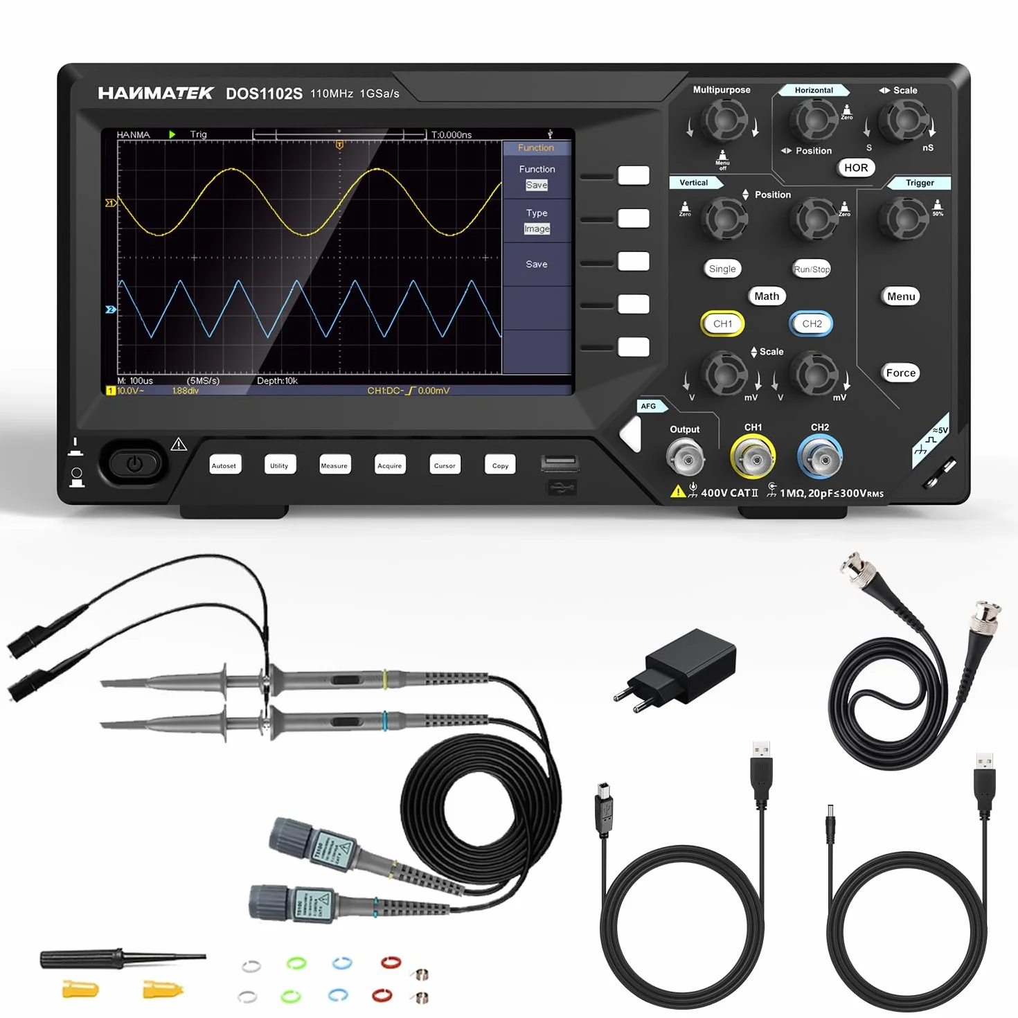 HANMATEK 2 in 1 Oscilloscopio Digitale Generatore di Degnale DDS con Larghezza di Banda 110 MHz, 2 Canali e Display TFT-LCD, Frequenza di Campionamento 500 MS/s *2