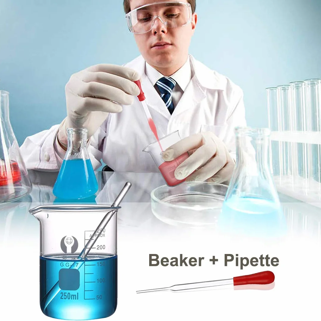 Pallone Graduato in Vetro Borosilicato, JESSTOLO 50ml Erlenmeyer Boccette di Vetro, 50ml Becher Graduato, 5ml/10ml Cilindro Graduato, con 3 Contagocce, 2 Barra di Agitazione et 2 Spazzolini di Pulizia