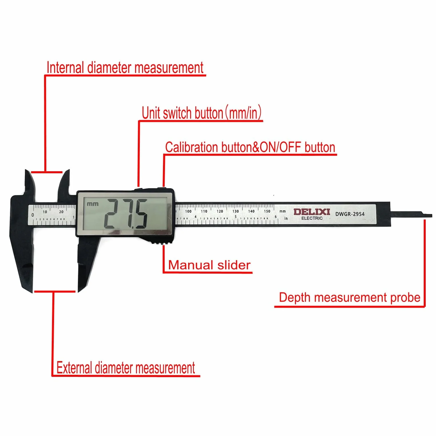 JZK calibro digitale elettronico da 150 mm in plastica con grande schermo LCD, 15 cm 6 pollici conversione metrica in pollici, misuratore di profondità, strumento di misura per diametro interno