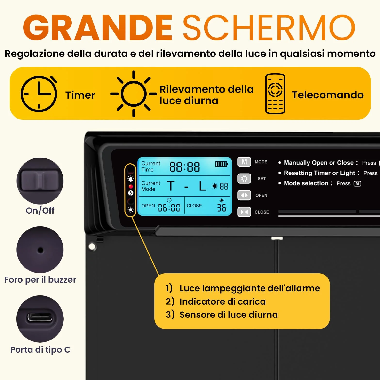 Porta Automatica Pollaio Extra Large Solare – Display LCD, Telecomando, Sensore di Luce, Timer & Funzione Antipizzicamento – Apertura 28,7 x 22,1 cm – Protezione 5 Anni – Nero - Okköbi