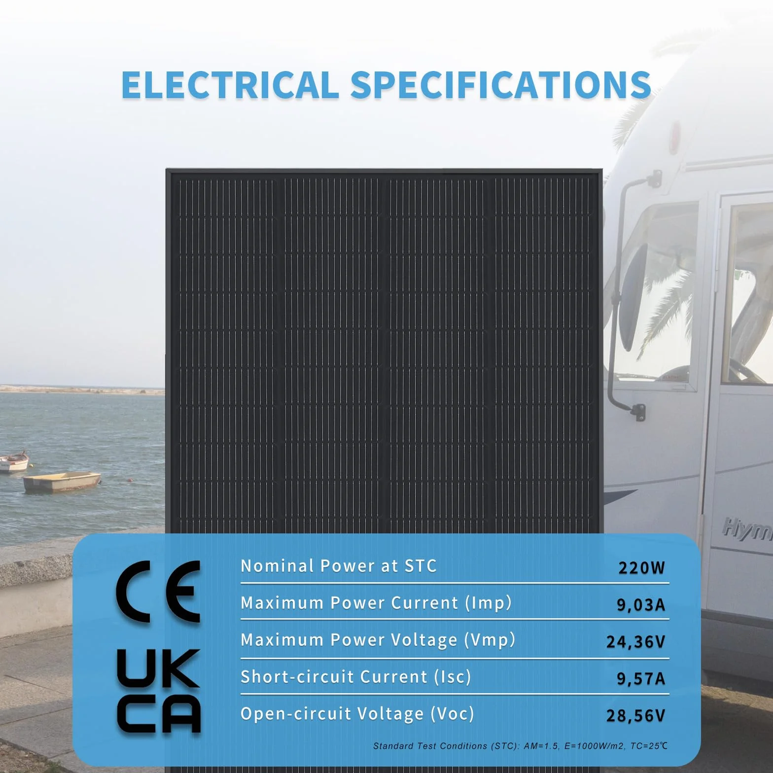 Pannello Solare Monocristallino Tipo N 220W 12V Nero – Modulo Solare ad Alta Efficienza per Camper, Barca, Balcone, Tetto, Batterie 12V e Centrali Elettriche Portatili
