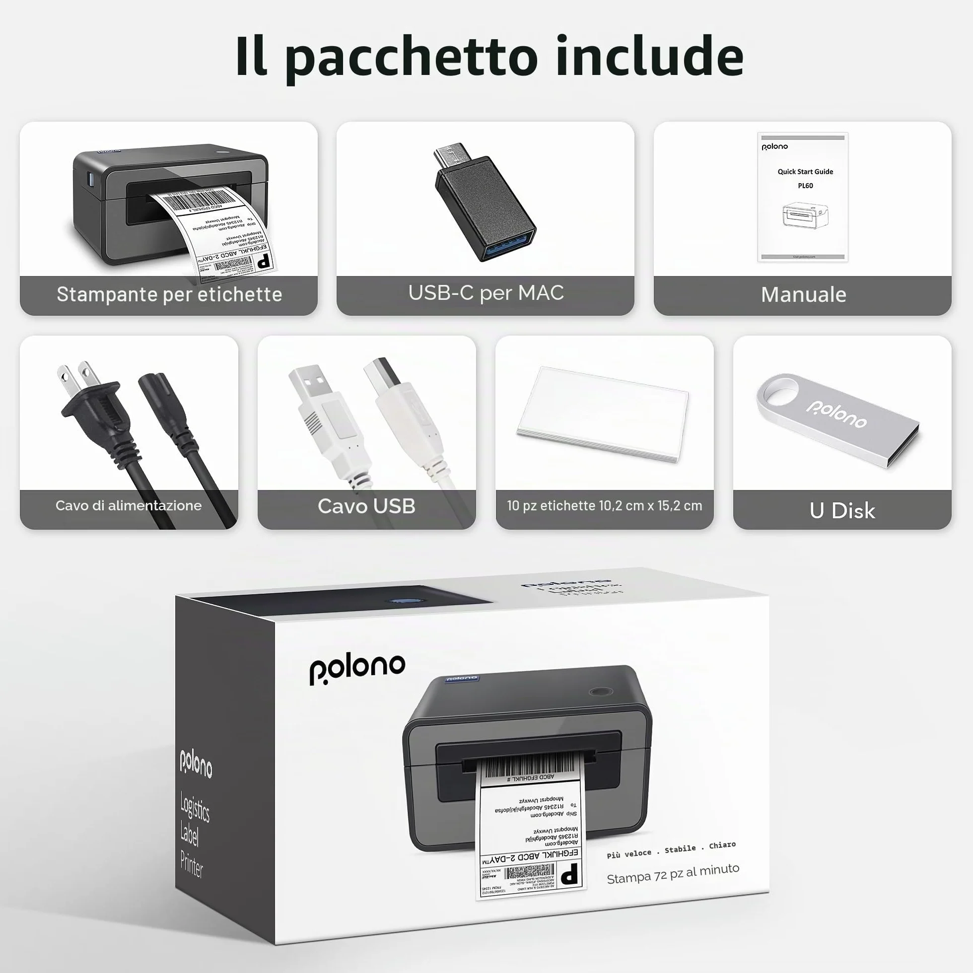 POLONO Stampante Etichette Spedizione, Stampante Termica Etichette 4x6, Etichettatrice Termica Diretta Commerciale, Compatibile con USPS, FedEx, Shopify, Ebay, Amazon, Supporta Molteplici Sistemi