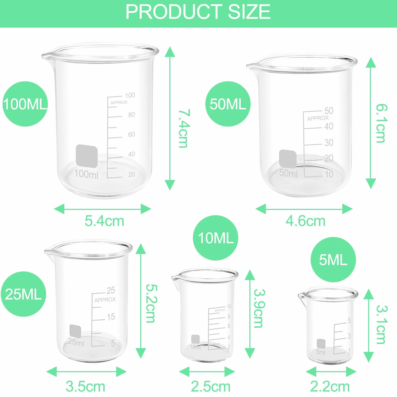 Lixiluxia 5 Pezzi Bicchiere Graduato, Becher Graduato in Vetro Borosilicato 3.3, Contenitore Graduato per Liquidi, Vetreria da Laboratorio, Misurino Graduato in 5 Dimensioni 100ml 50ml 25ml 10ml 5ml