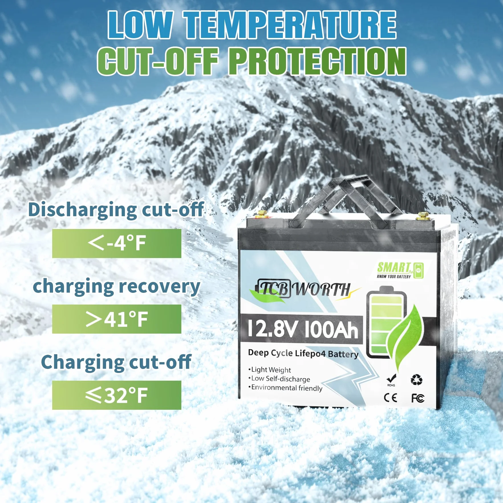 TCBWORTH LiFePO4 12V 100Ah Bluetooth Batterie al Litio 100A BMS, a Bassa Temperatura e 4000+ Ciclo Profondo, 1280Wh per Camper, Barca, Casa, Kit di Pannelli Solari, Campeggio