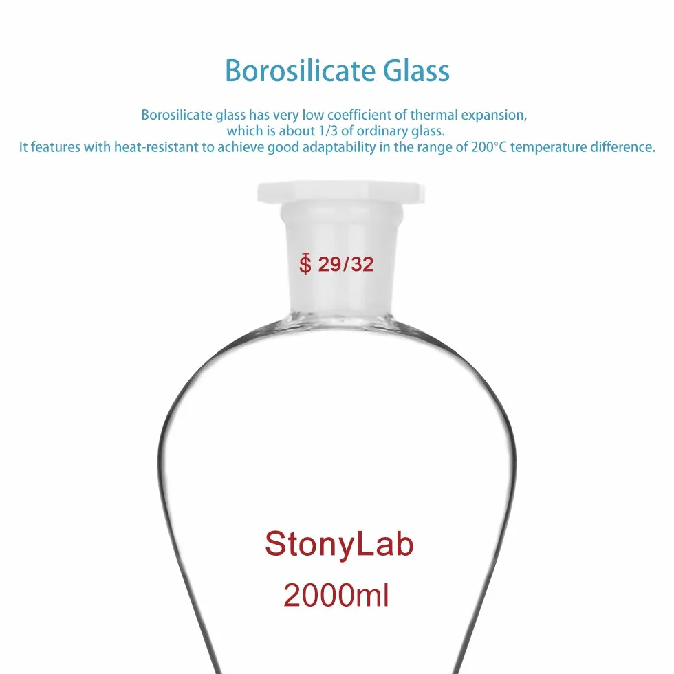 stonylab Imbuto Separatore Conico in Vetro Borosilicato Pesante con Giunti 29/32 e Rubinetto di Chiusura in PTFE Conical Separatory Funnel, 2000 ml