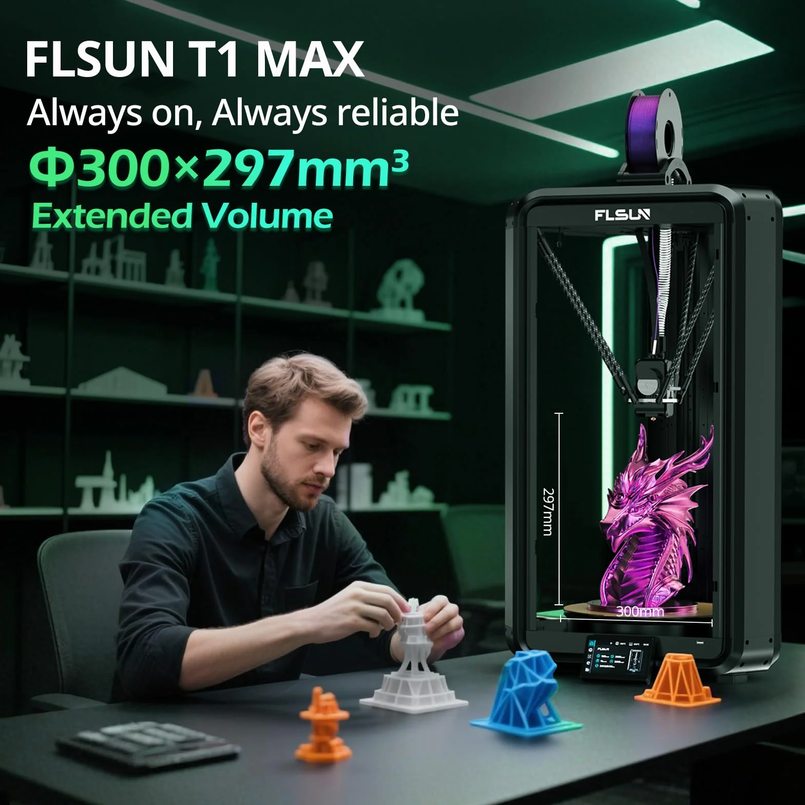 FLSUN T1 Max Stampante 3D Delta, 1000 mm/s Alta Velocità e Precisione, Design Ultra Silenzioso per Ufficio, Ugello in Acciaio & Livellamento Automatico, Area di Stampa Grande 300x300x297 mm