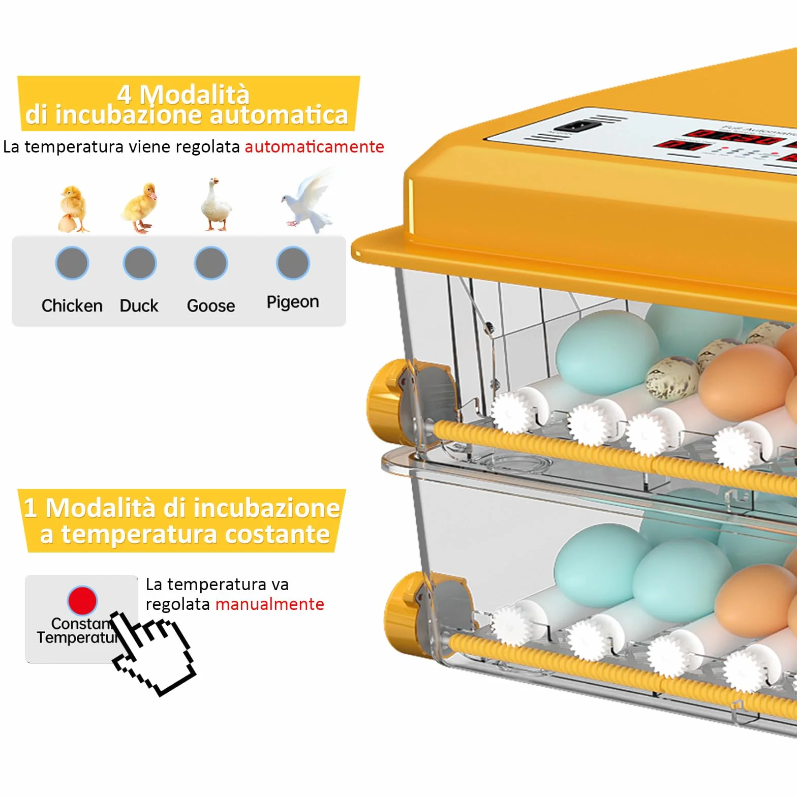Incubatrice per Uova Automatica, Incubatrice per 120 Uova, Rotazione Automatica, Monitoraggio dell'umidità, Controllo Temperatura, 5 Modalità di Incubazione Automatica, Giorni d'incubazione