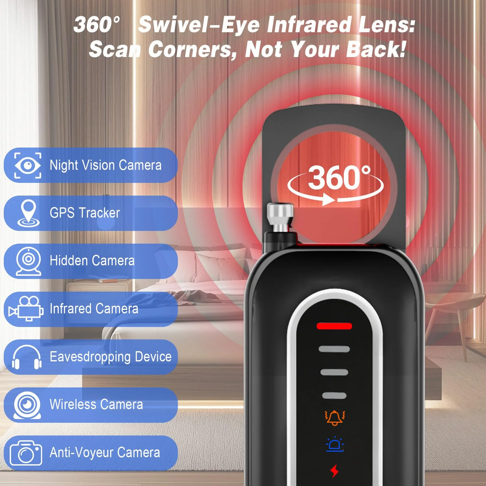 Rilevatore Microspie, Detector Telecamere Nascoste, Rilevatore di Cimici e microspie con 4 Livelli di Sensibilità per Casa, Hotel, Viaggi
