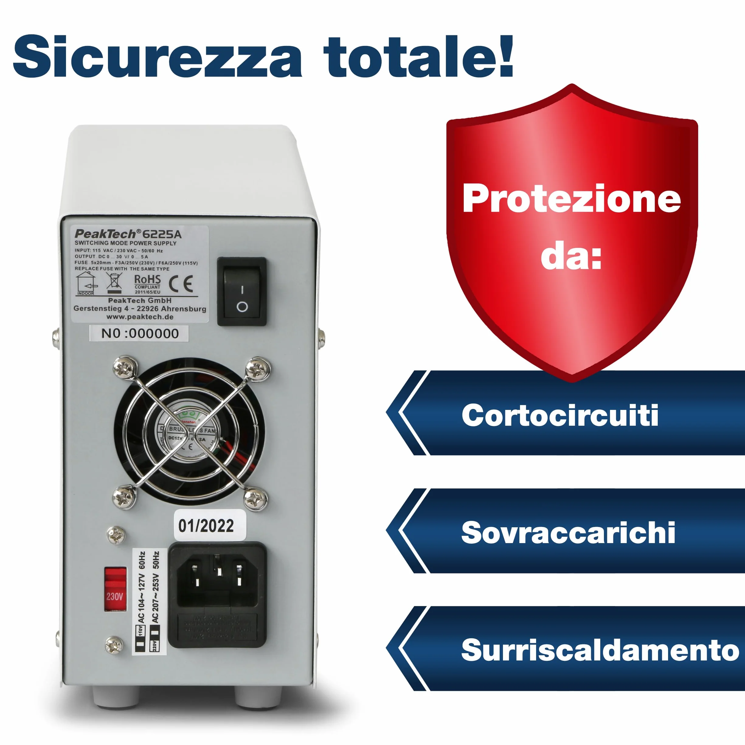 Peaktech 6225 a 1 - Alimentatore da Laboratorio Dc 0-30V/0-5A, Display a LED a 4 Cifre Regolabile, Alimentatore a Commutazione Stabilizzata, Protezione da Sovraccarico e Cortocircuito