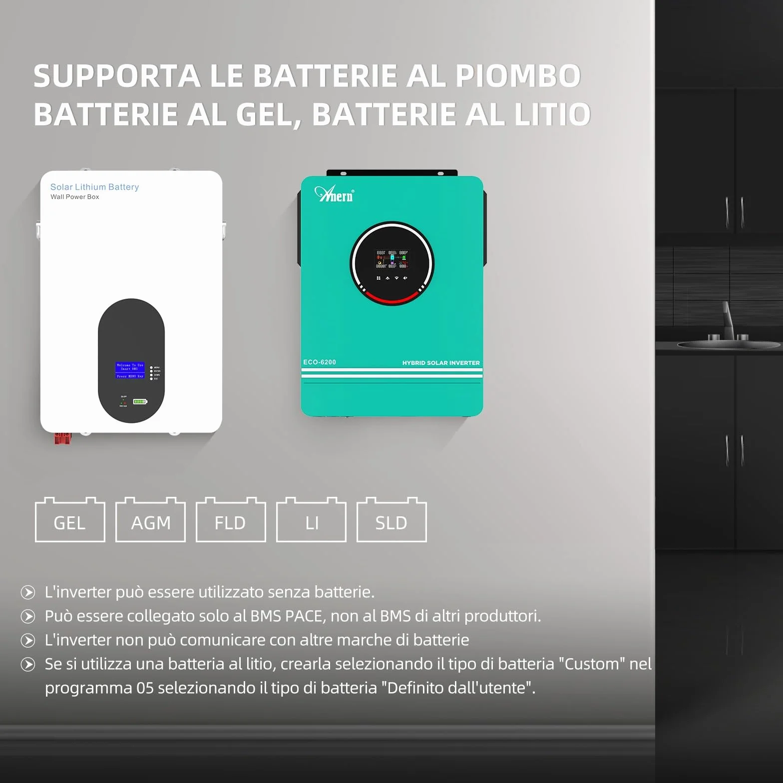 Anern Inverter solare ibrido 6200W Mit WIFI 48VDC a 220 V/230 VAC con regolatore solare 120A, ingresso PV max.500 V, funzionamento con batterie al piombo da 48V e al litio