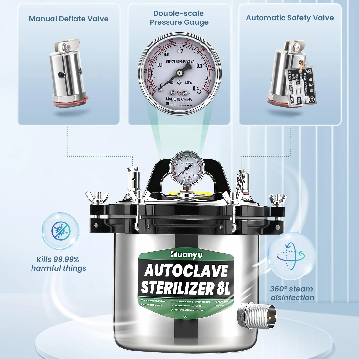 Huanyu Sterilizzatore autoclave 8L con doppia valvola Autoclave a vapore da laboratorio Protezione contro le bruciature a secco Sterilizzatore a vapore ad alta pressione per laboratori università