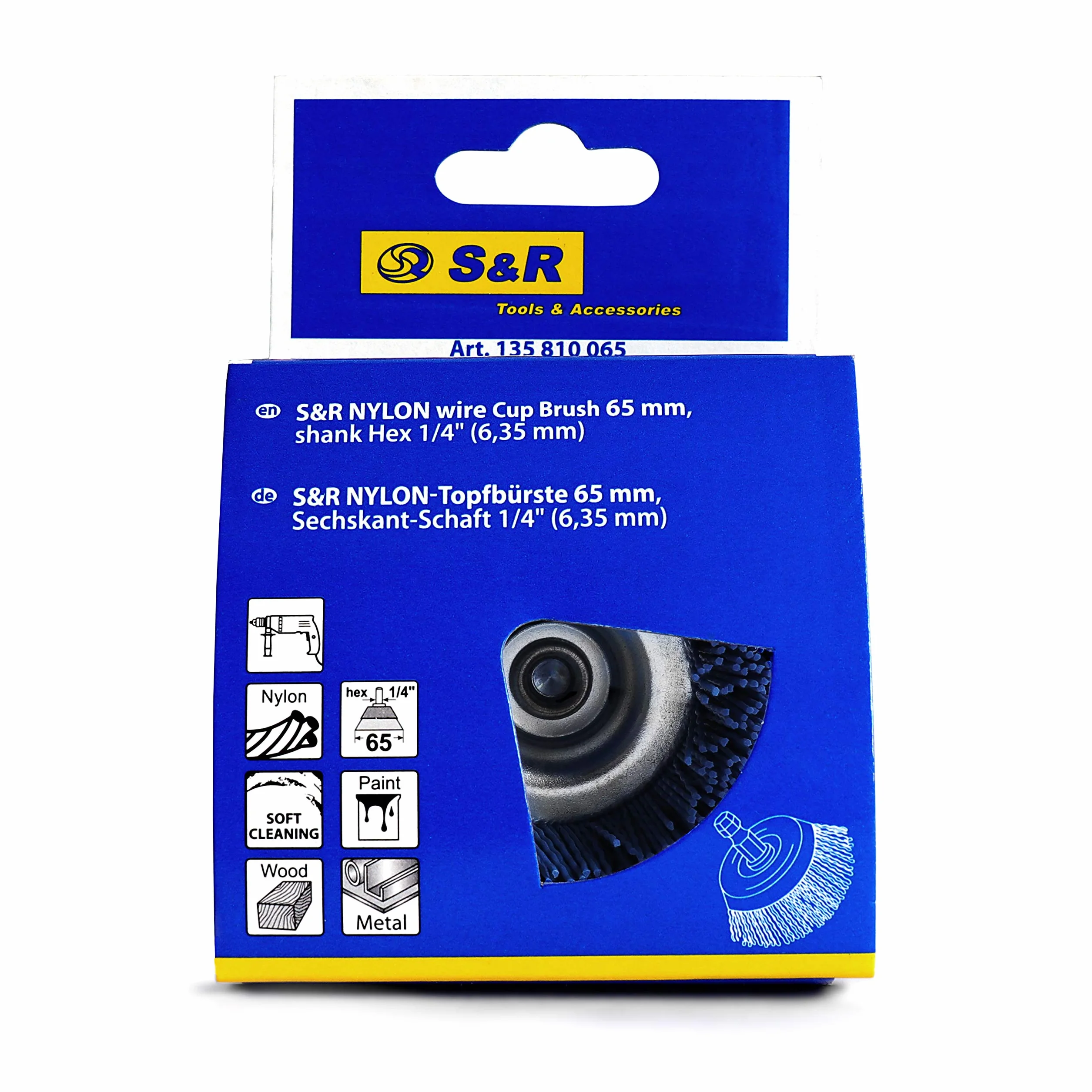 S&R Spazzola Abrasiva a Tazza per Trapano in Nylon MORBIDA per pulire e lucidare Legno Ferro Metalli Acciaio Fughe Piastrelle Pavimenti. Codolo esagonale 1/4" (6,35 mm)