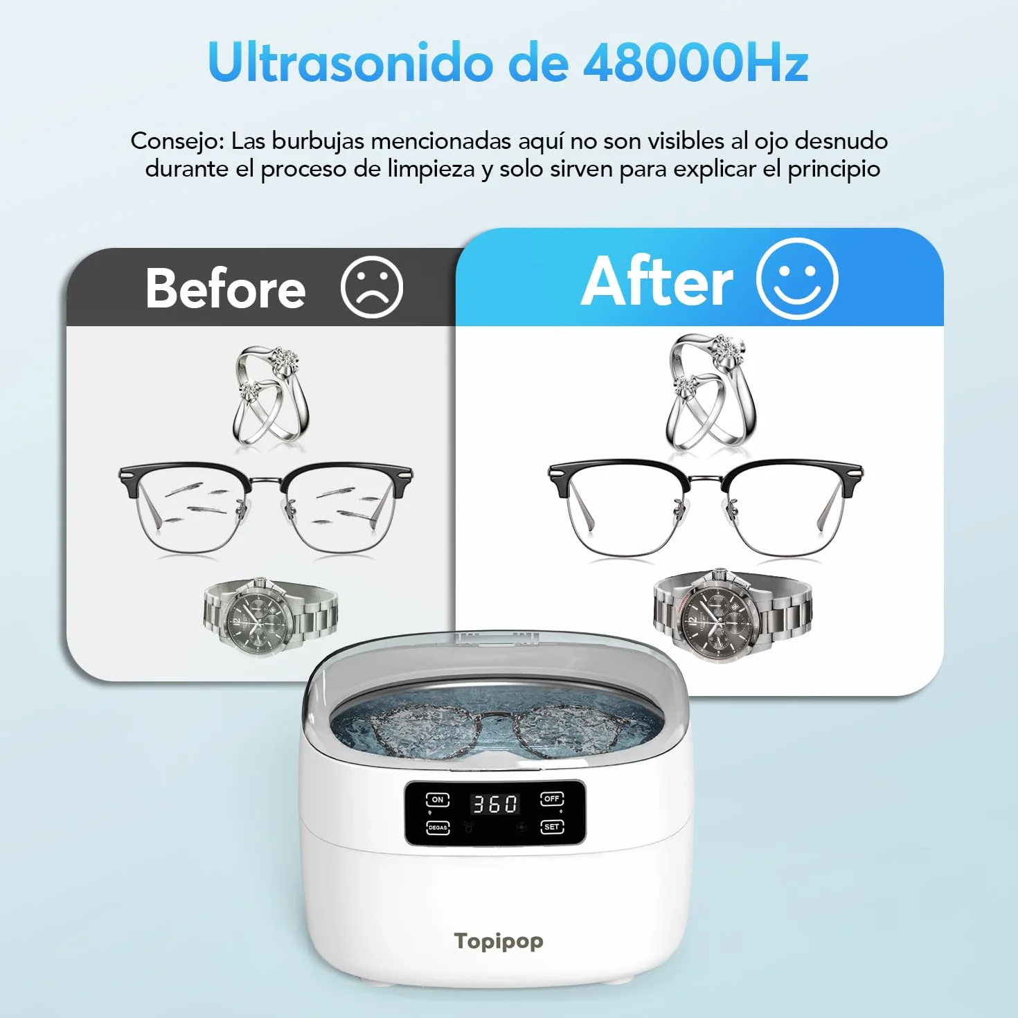 Pulitore Ultrasuoni, Lavatrice Ultrasuoni48 kHz, Pulitore a Ultrasuoni da 750 ml, Ultrasonic Cleaner Professionale per la Pulizia di Occhiali, Gioielli, Orologi, Anelli, Protesi Dentarie (Bianco)