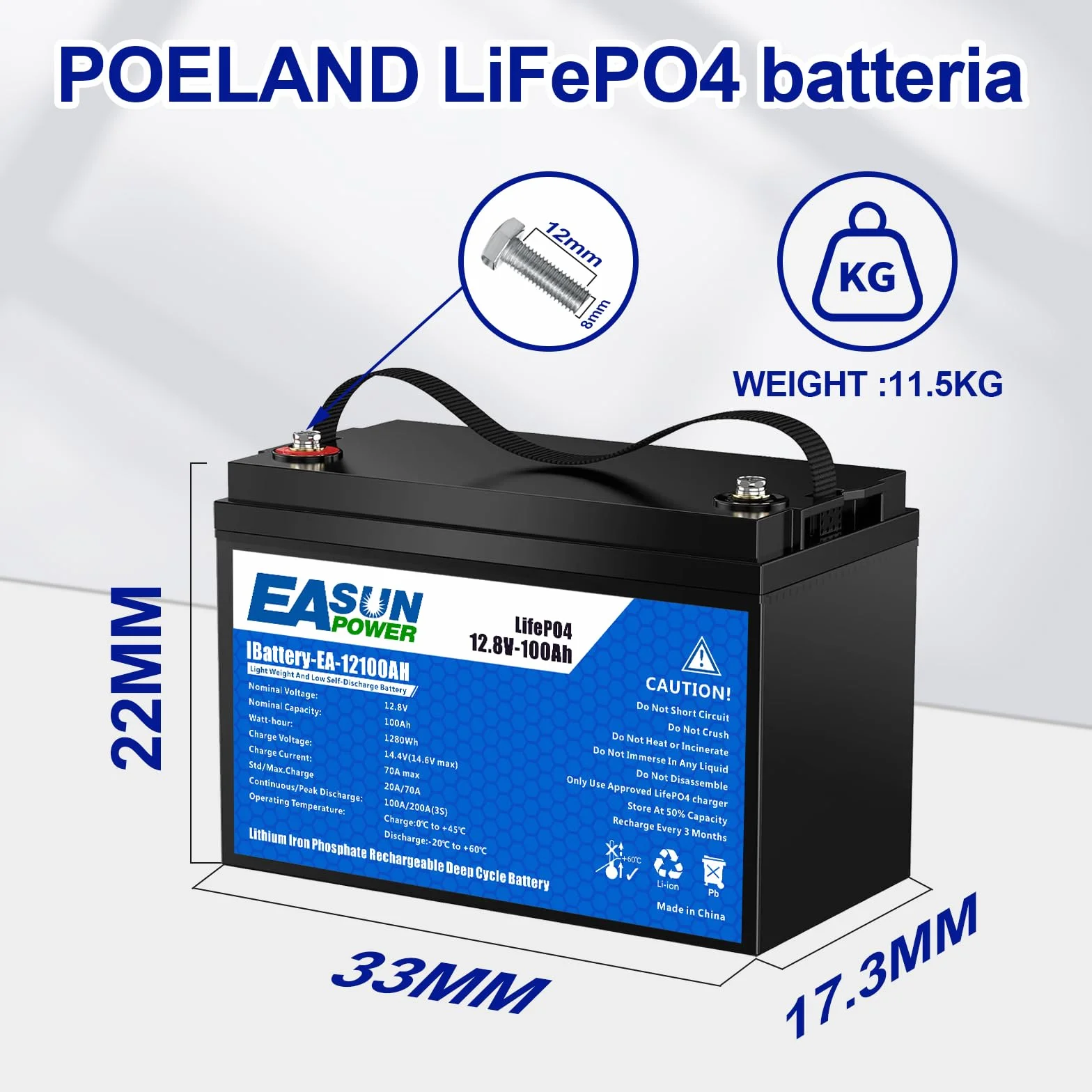 POWLAND Batteria LiFePO4 12V 100Ah con Oltre 6000 Cicli di Profondità,Batteria Litio 12V e di Protezione BMS e Schermo LED，Perfetta per Marine, Pannello Fotovoltaico, Casa (12V 100AH)