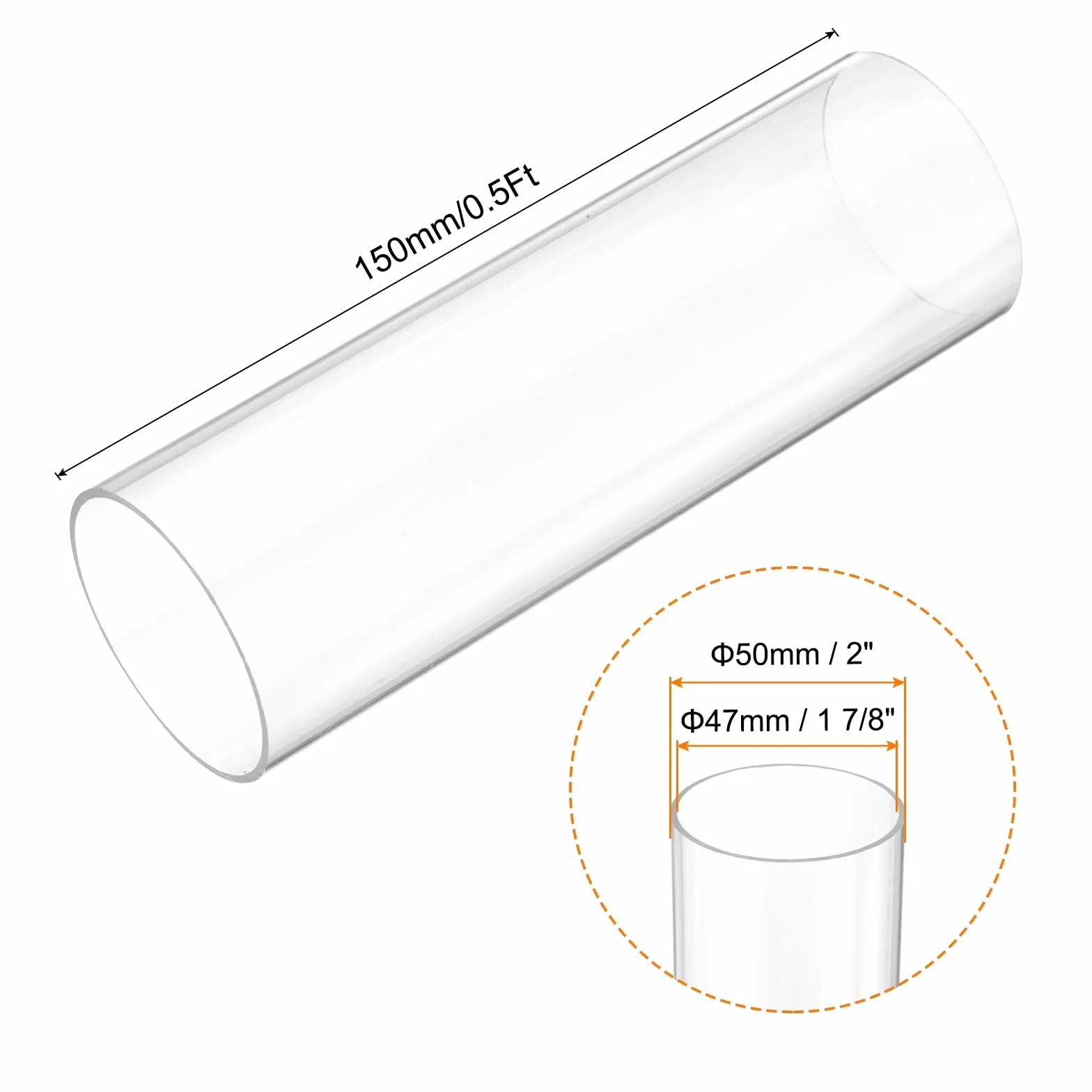 QUARKZMAN Tubo Rigido Rotondo Trasparente 47mm(1 7/8") ID x 50mm(2") OD x 0.5Ft(150mm) Lunghezza Tubo in Plastica