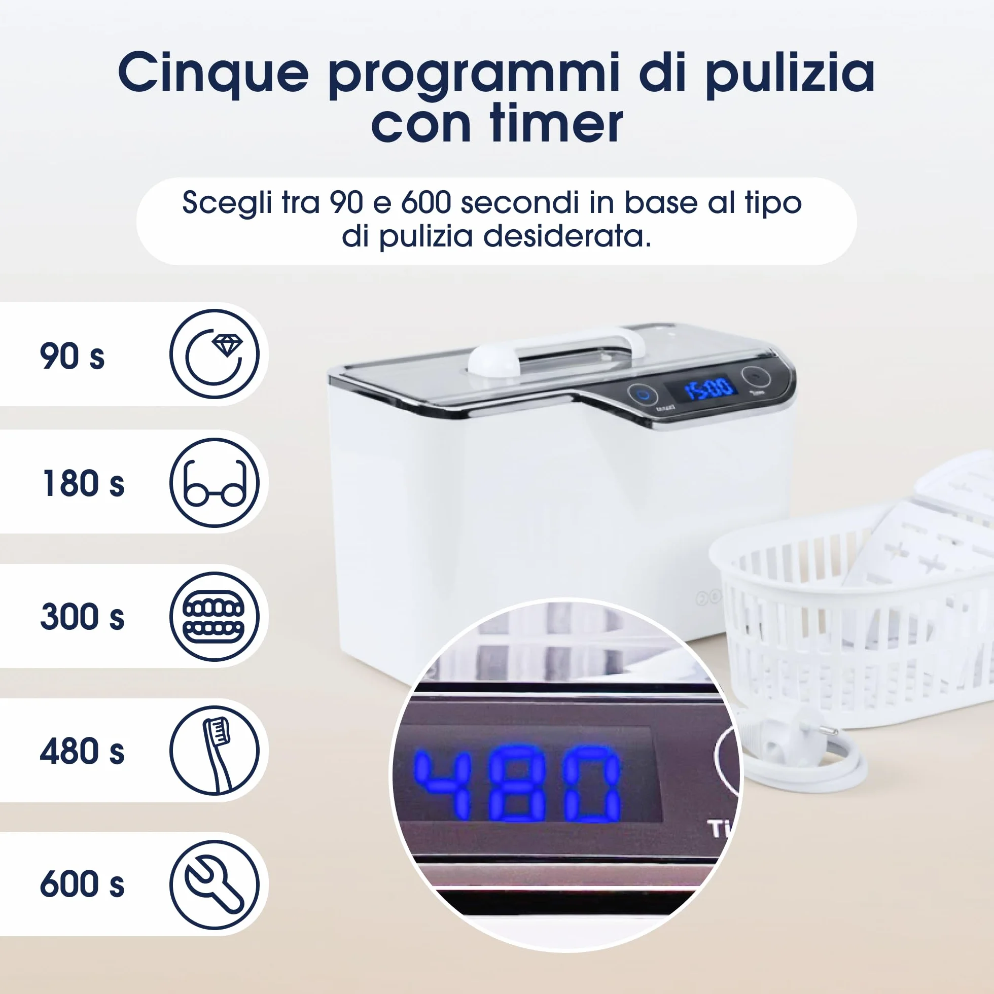 ZENT Pulitore ultrasuoni 42kHz 600ml, Ultrasuoni per pulisci occhiali, Pulizia apparecchio ortodontico, protesi dentarie, gioielli, orologi, invisalign - 5 programmi temporali, Pannello touch LED