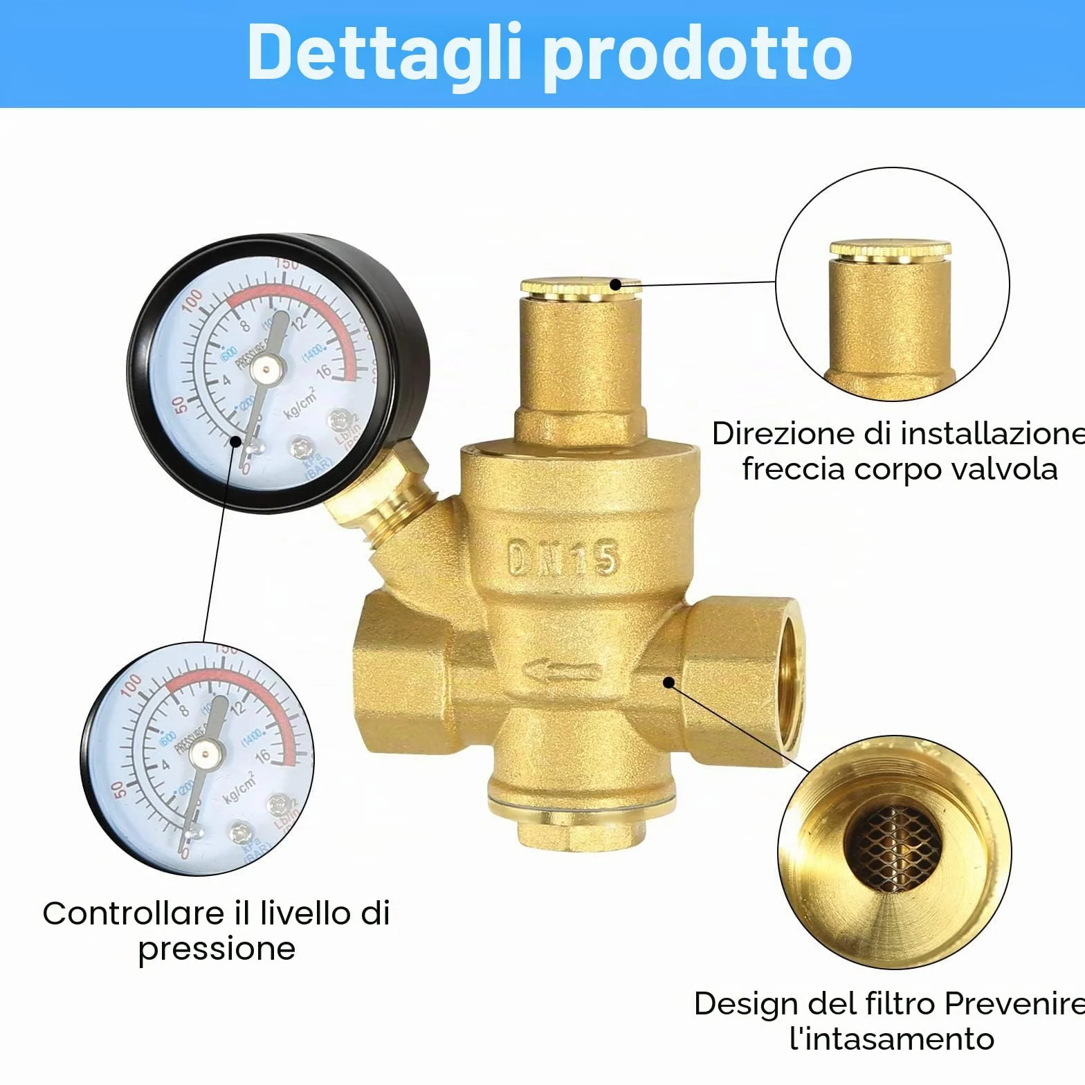 Regolatore di Pressione Acqua 1/2 pollice DN15 Ottone, Riduttore con Manometro