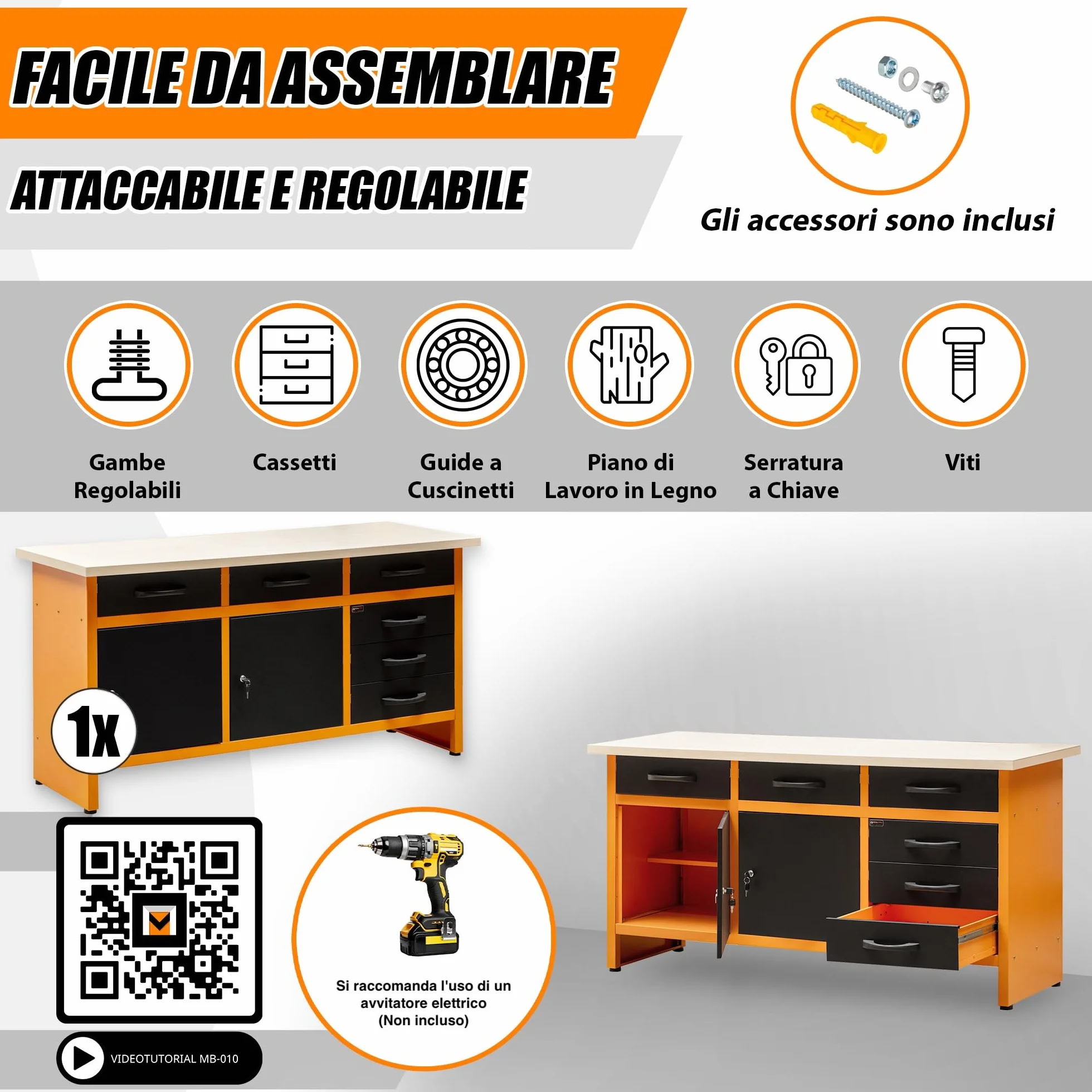 METALLMOBELL - Banco da Lavoro Officina, 160x60x84cm, con Cassetti e Armadietto, Tavolo da Lavoro Garage, Banchetto da Lavoro, Banco da Falegname, Banco da Lavoro Garage, Banco Lavoro MB010N