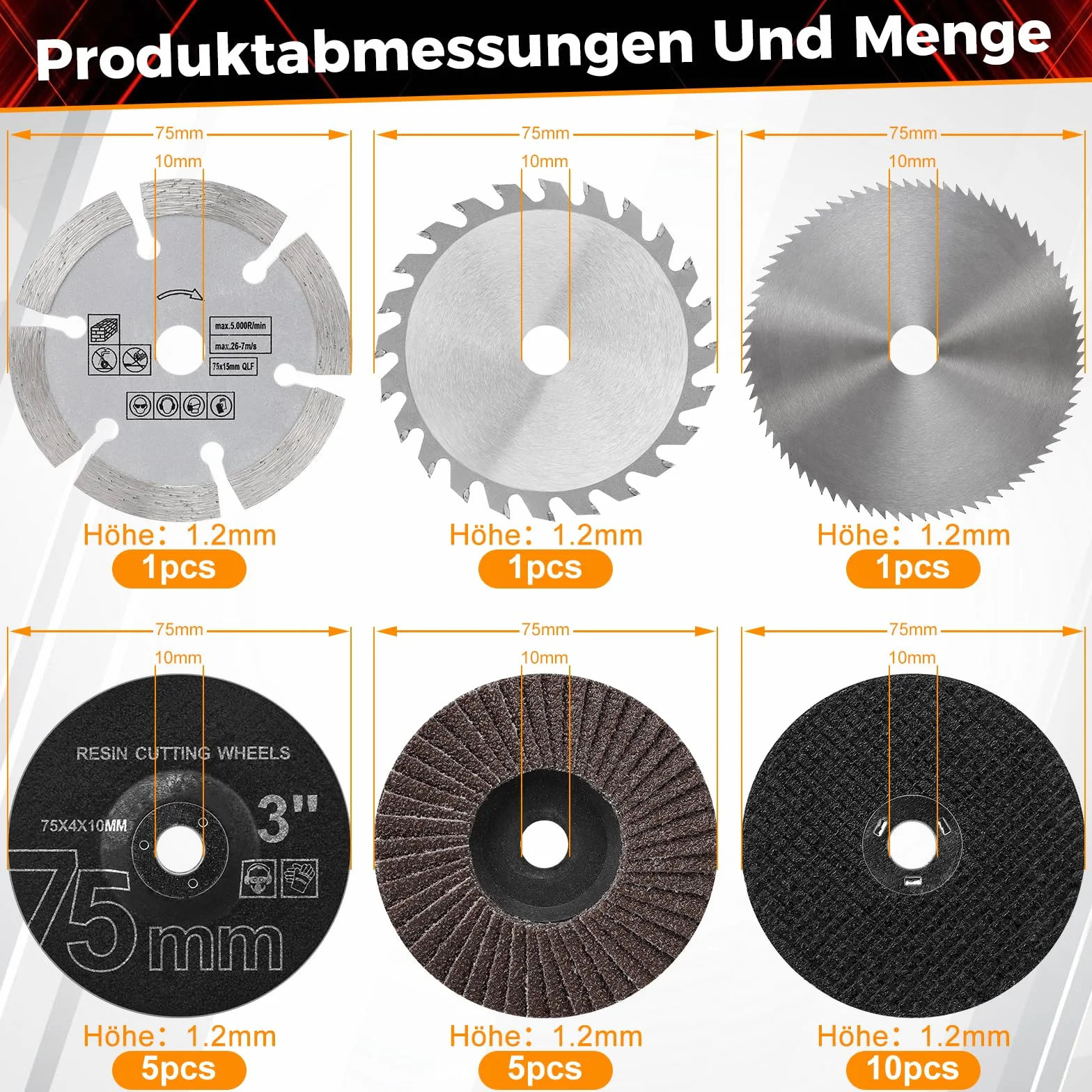 Set di 23 dischi da taglio e a ventaglio, 75 mm, 75 x 1,2 x 10 mm, dischi da taglio per piccole Flex, mini smerigliatrice angolare per levigare, tagliare e lucidare metallo, legno, pietra e plastica