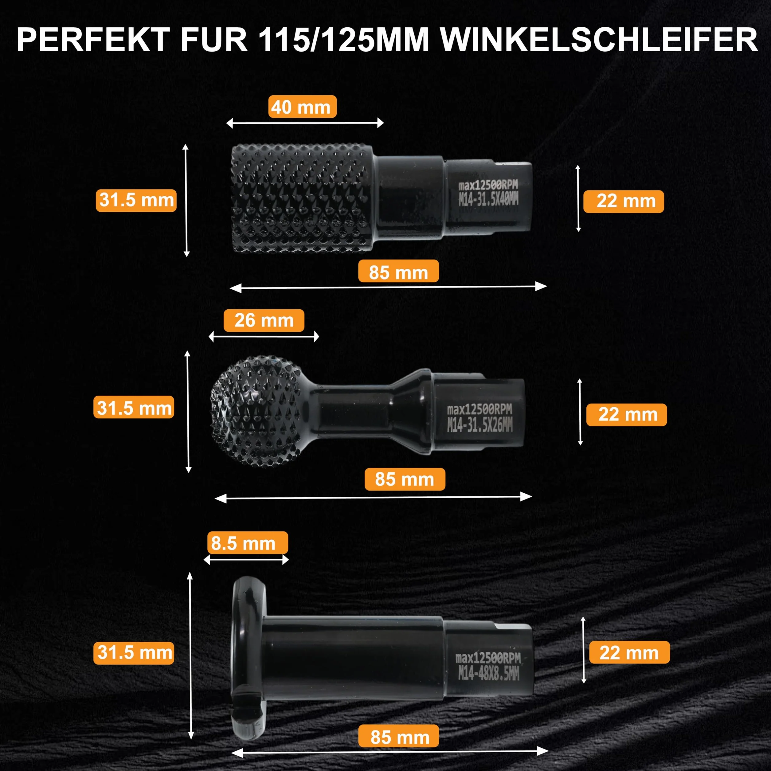 Set di frese per intagliare il legno, filettatura M14, 3 pezzi, per smerigliatrice angolare, 115 mm/125 mm, nero