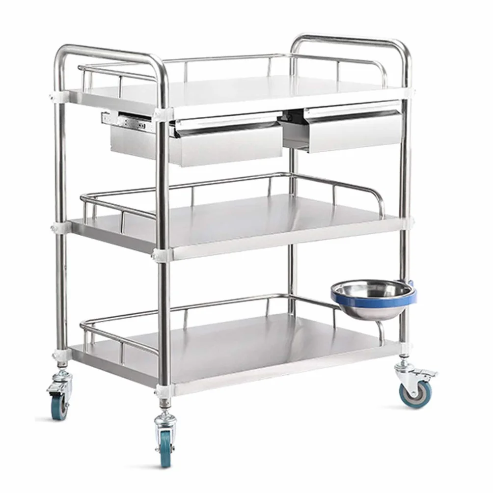 Carrello in Acciaio Inossidabile, Carrello per chirurgia Medica Dentale, Carrello per apparecchiature di Bellezza, Carrello per Infermieristica e medicazione (3 Strati di Doppi cassetti)