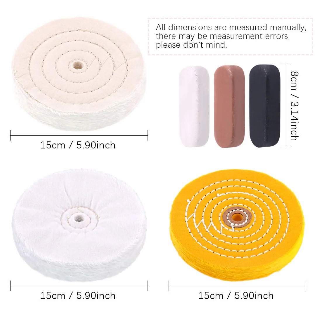 Swpeet 6 pezzi dischi per lucidatura lucidanti professionali da 6 pollici con kit di composti lucidanti a 3 colori, incluso cotone (60 strati), giallo (42 strati) e flanella (30 strati)