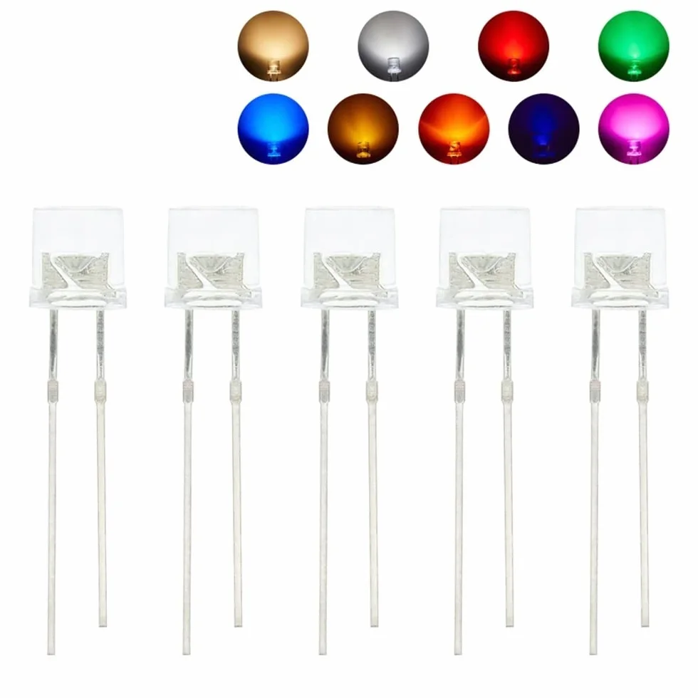 100 pz Min 5mm Flat Top Bianco Rosso Rosa Giallo Blu Grandangolo Lampada Diodo LED Lampadine Ultra Luminose Diodo Emettitore F5 5mm Lampada LED FAI DA TE