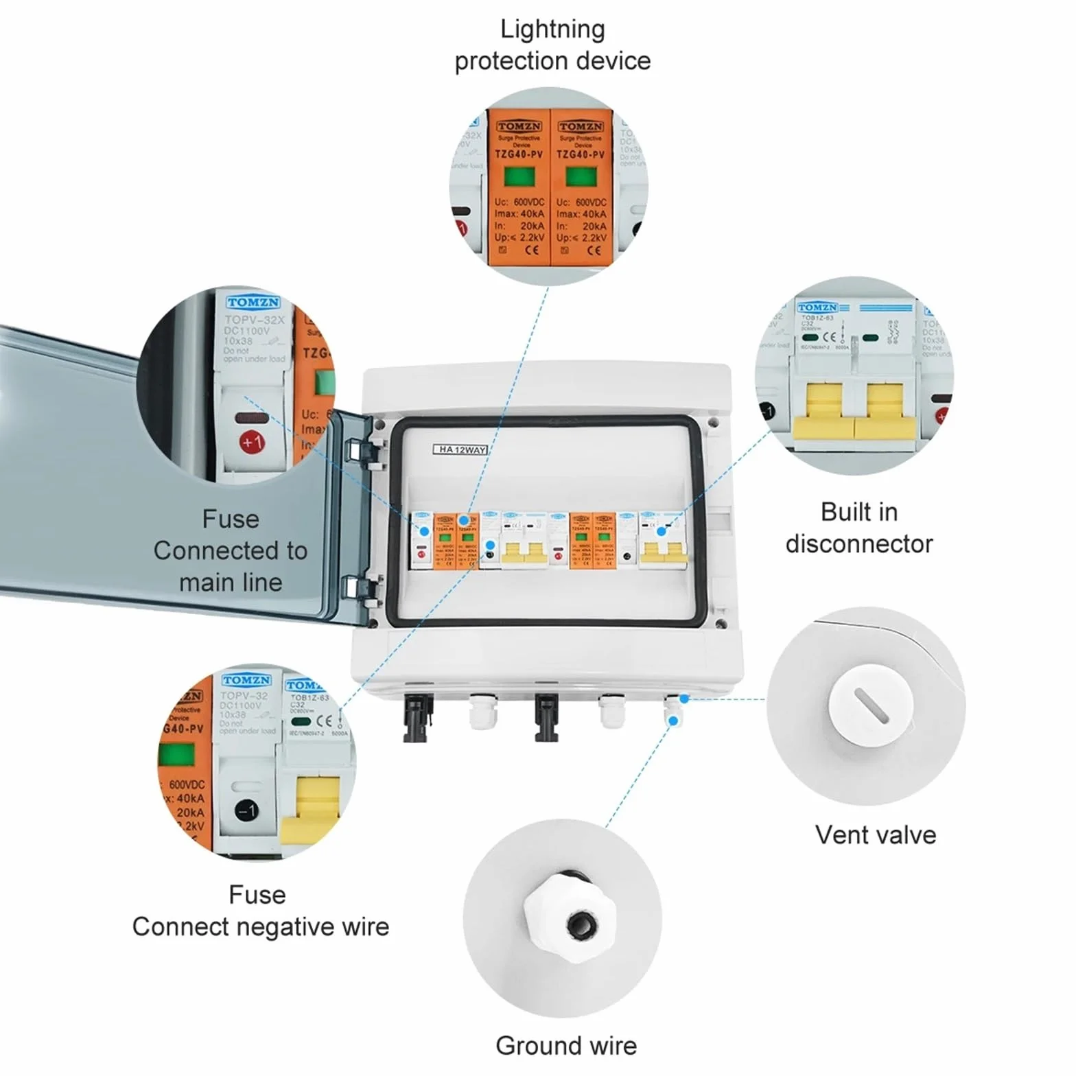 Scatola Combinata Solare Fotovoltaica Quadro di combinazione fotovoltaico solare con protezione contro i fulmini, 2 ingressi e 2 uscite, fusibile CC 600 V, MCB, SPD, scatola impermeabile IP65 a 12 vie