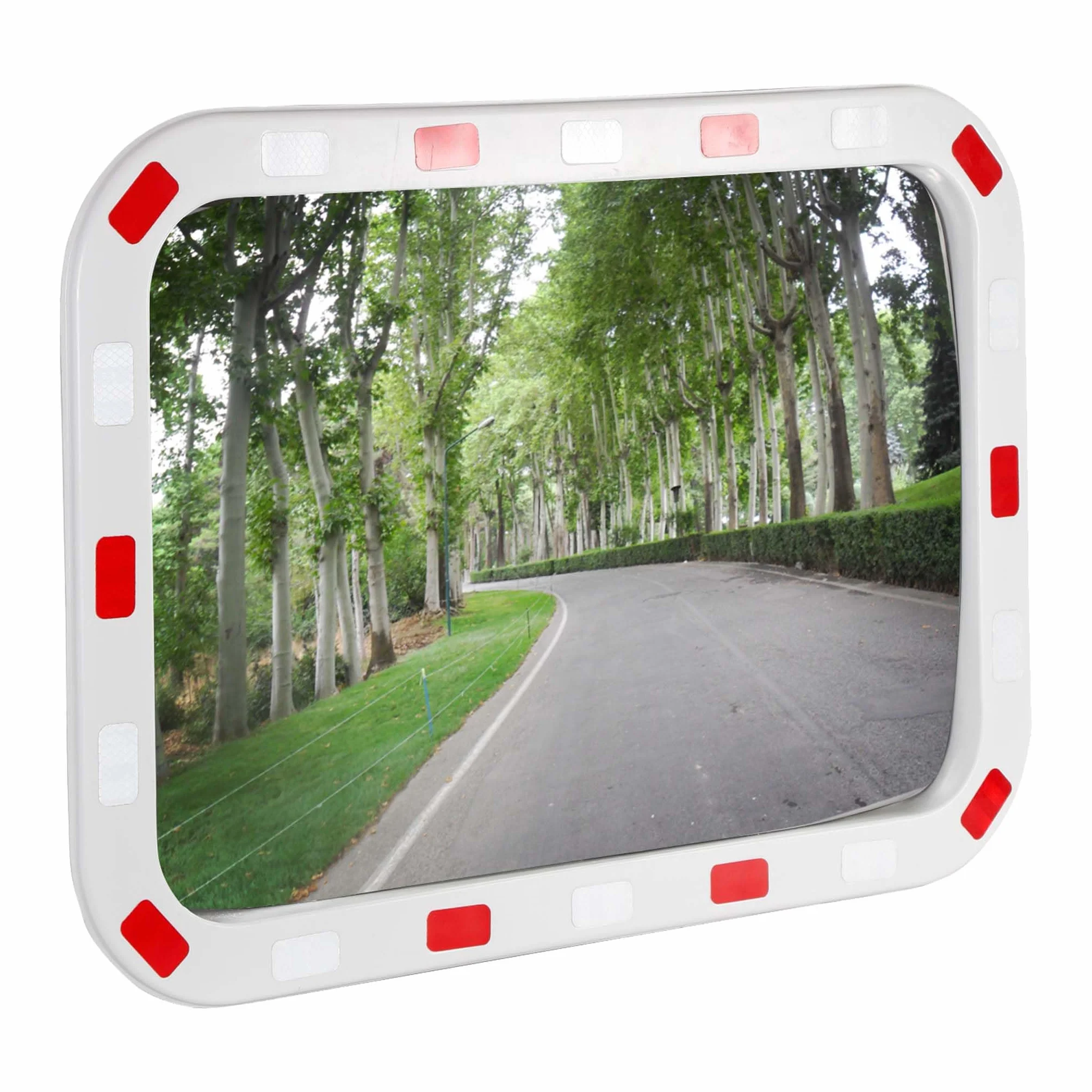 Wiltec Specchio stradale 70 x 90 cm convesso, specchio di sicurezza angolare con strisce riflettenti rosse e bianche, specchio convesso infrangibile in plastica, specchio di sorveglianza per uscite