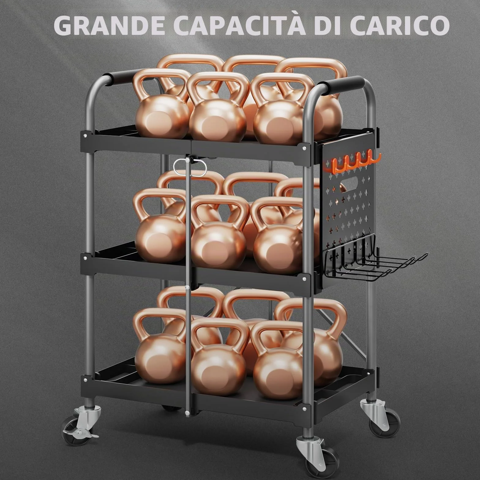KINGRACK Carrello di Servizio Pieghevole a 3 Ripiani con Ruote e Maniglia Ergonomica, Carrello Portautensili Multiuso, Carrello Porta Attrezzi, Carrello Portaoggetti Casa Ufficio Garage Officina, Nero