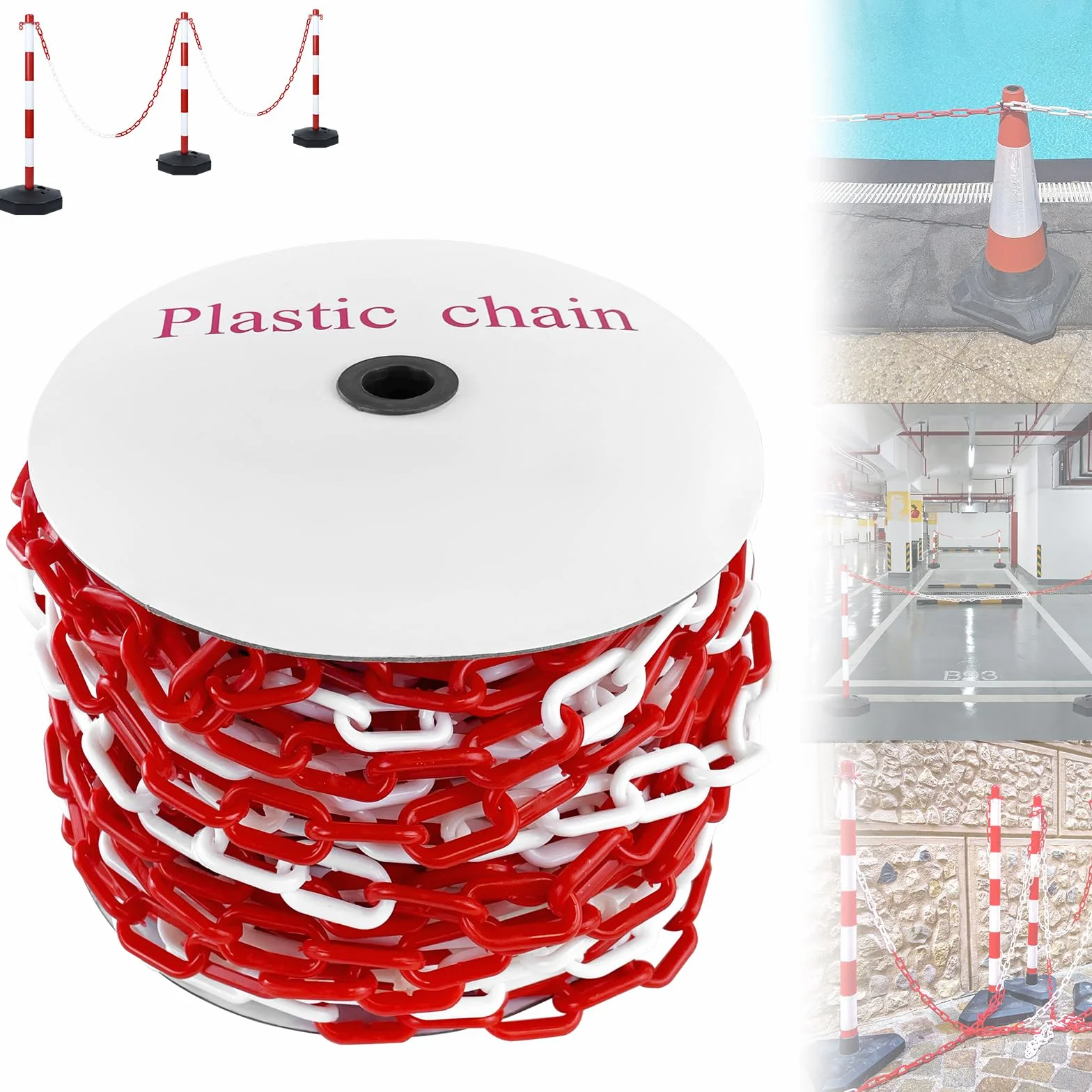 ACXIN Catena di chiusura in plastica, 50 m, colore rosso, bianco, plastica, spessore 6 mm, per parcheggio, barriere in vialetti, posti di lavoro e garage