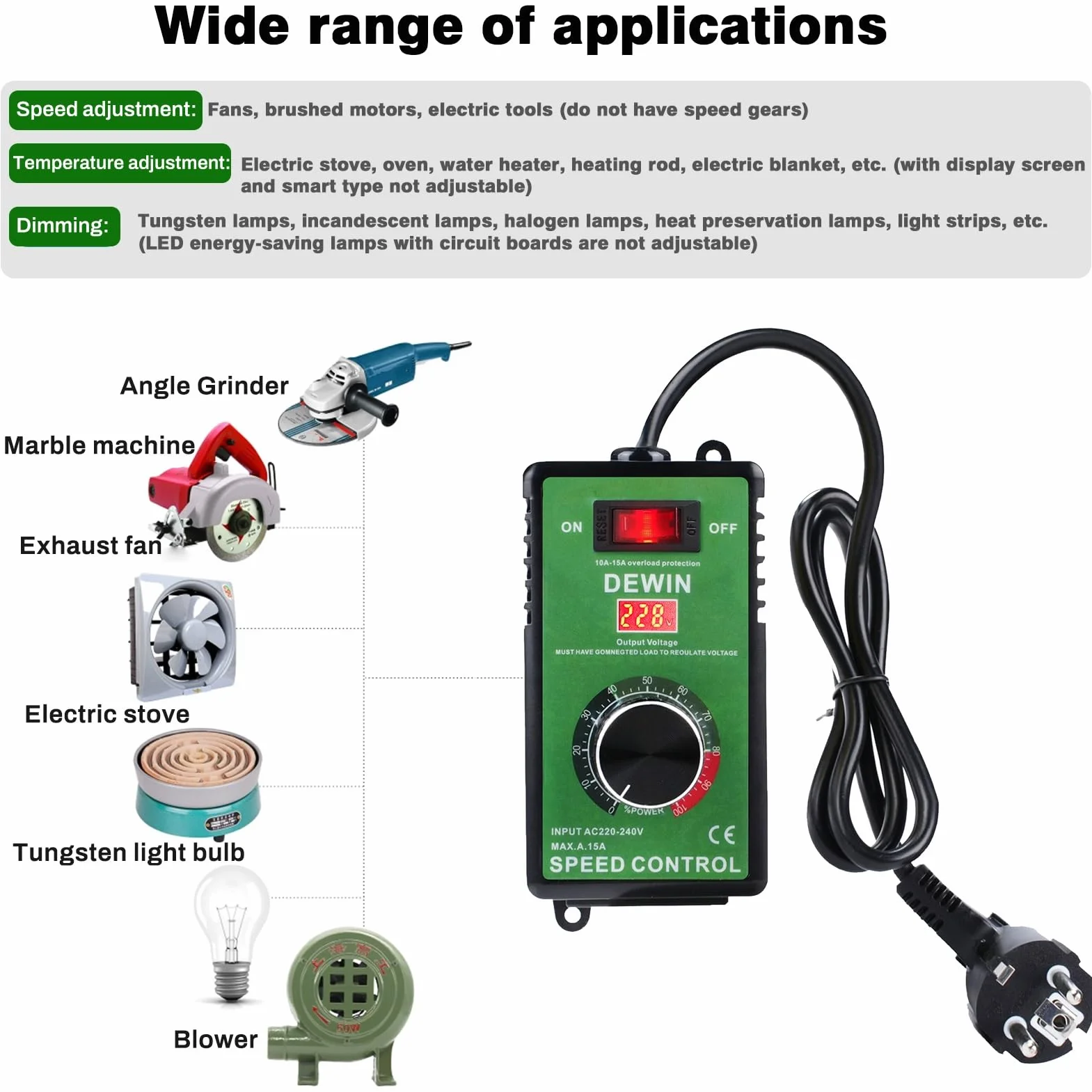 DEWIN Regolatore di velocità 220V 15A 4000W Regolatore Velocita Trapano Regolatore di Tensione Dimmer Utilizzo per Smerigliatrice Angolare/Soffiatore Trapano a Mano