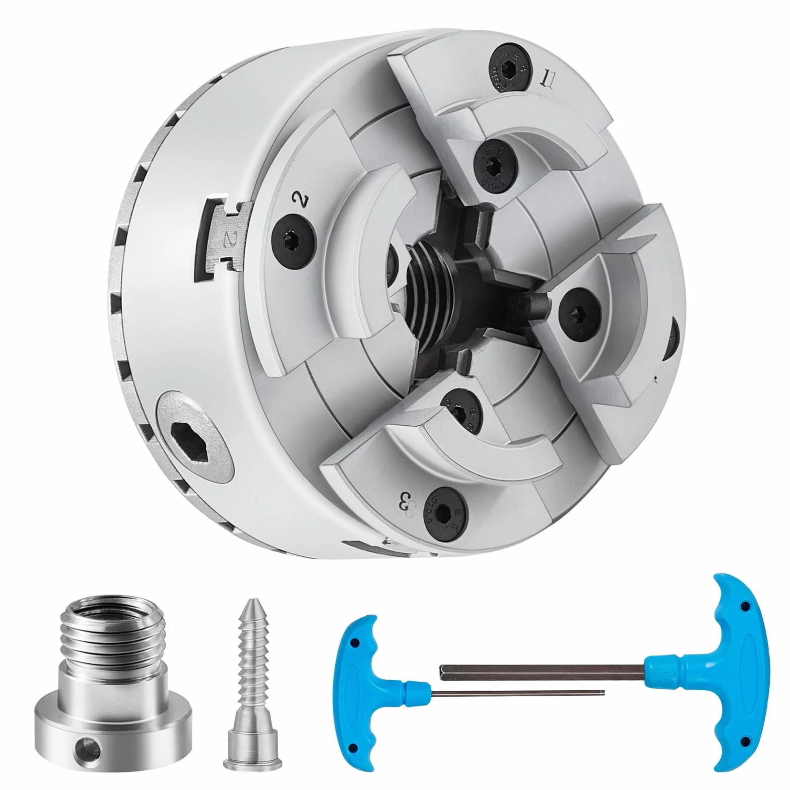 VEVOR Mandrino per Tornio di Legno φ96mm Mandrino per Tornio a 4 Griffe KP96,Mandrino per Tornitura di Legno,Utensile Autocentrante con Chiave a T per Tornio Rettifica Fresatura,Grey