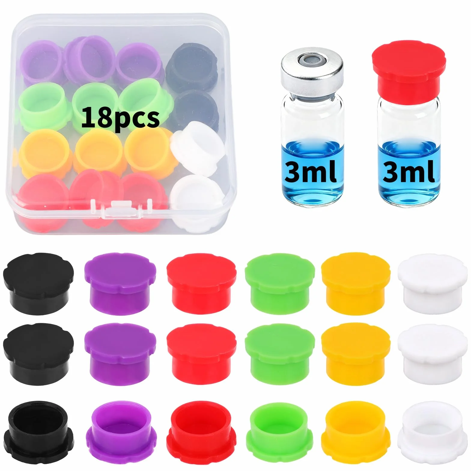 Tappi Protettivi per Fiale in Vetro 3ml 18 Pezzi 6 Colori Silicone Anti-Perdite Antipolvere Riutilizzabili