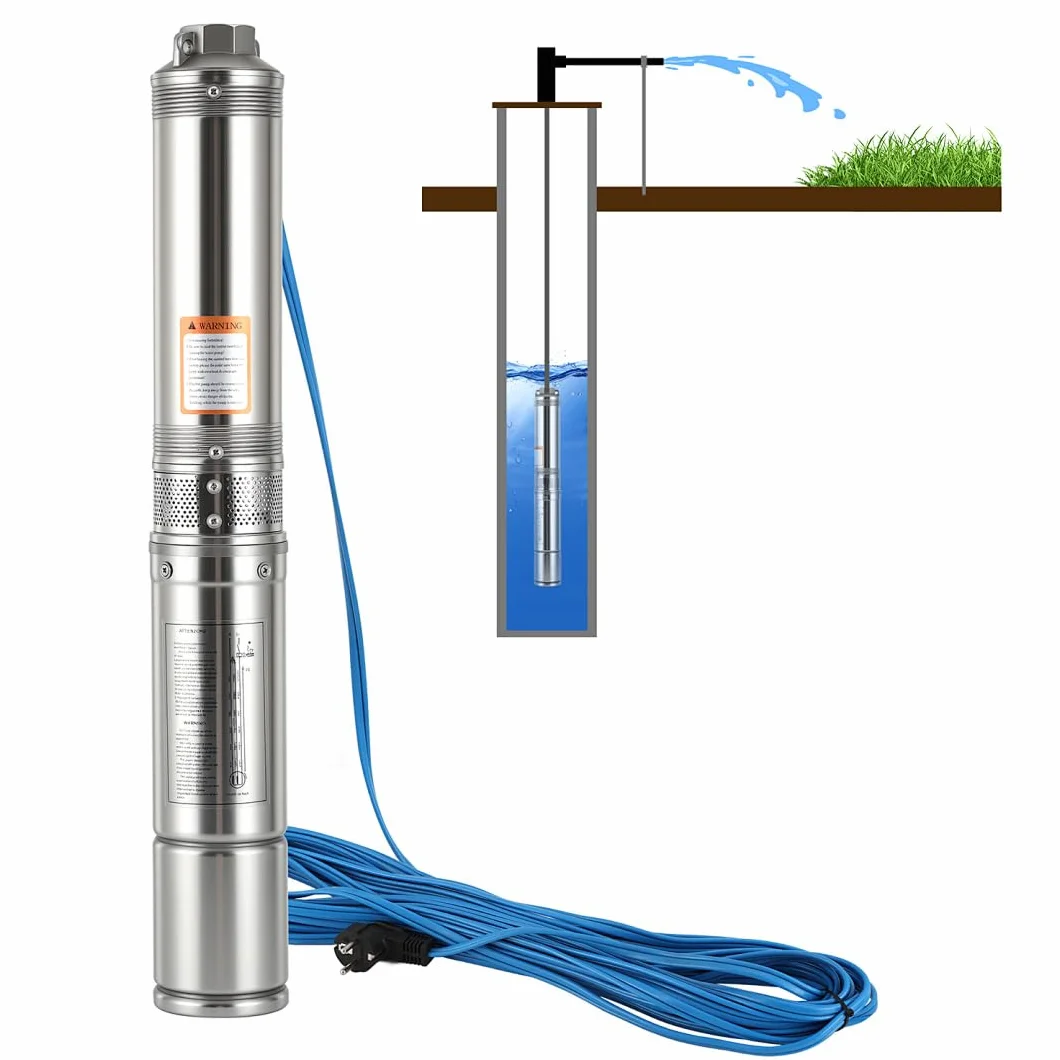 Pompa per fontana profonda, 370 W, in acciaio inox, con cavo di collegamento da 20 m, condensatore integrato, altezza massima di consegna: 34 m, pompa dell'acqua per impianto idraulico