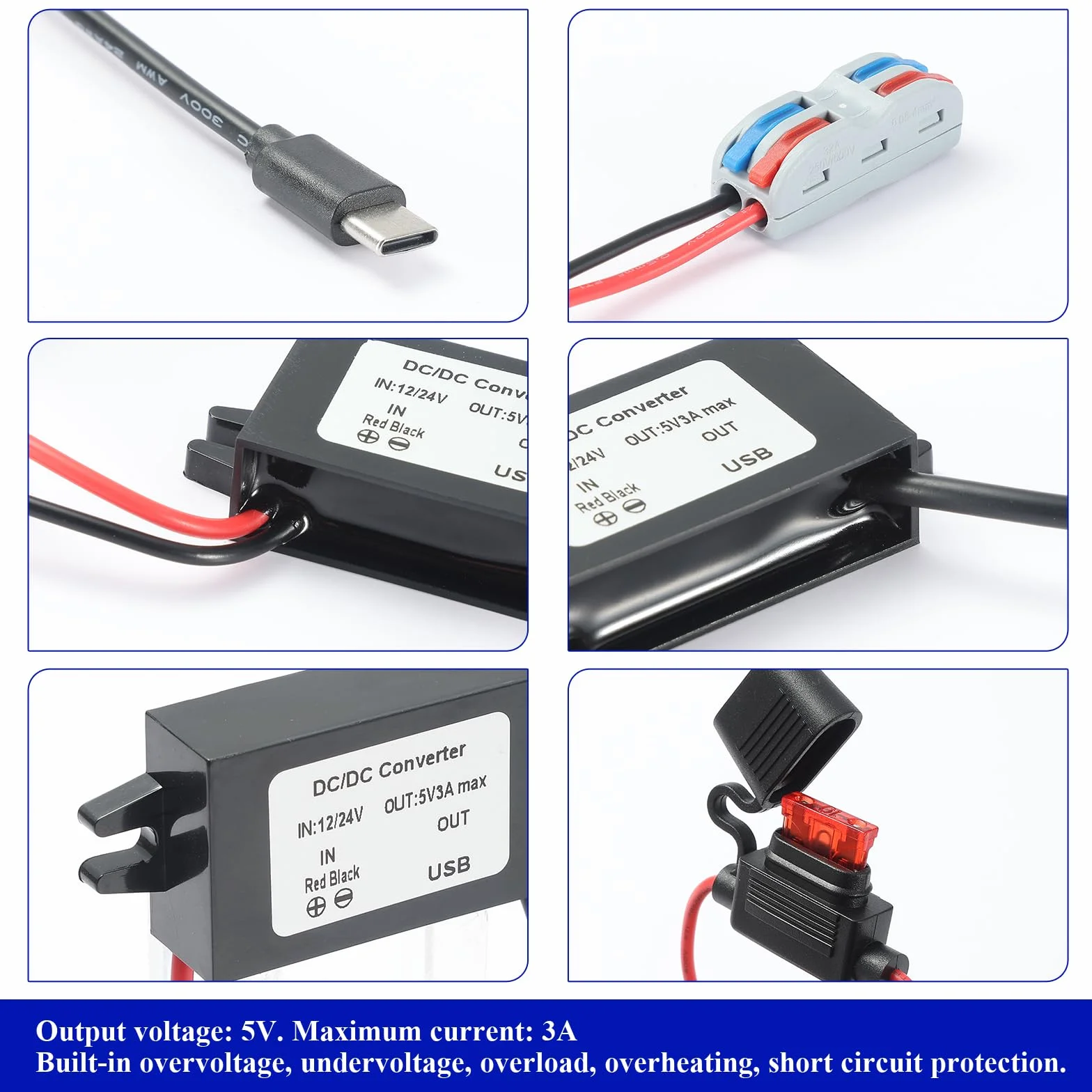 USB C Step Down Converter 12V 24V to 5V 3A 15W Buck