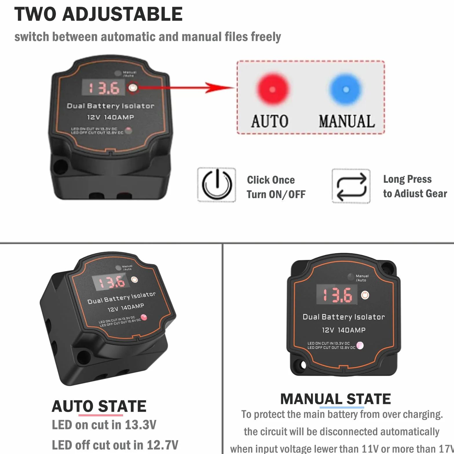 Relè Sensibile Alla Tensione, VSR 12V 140A Automatico Isolatore Intelligente a Doppia Batteria, Stacca Batteria, Parallelatore Batteria Camper Impermeabile con Display per ATV UTV Barca